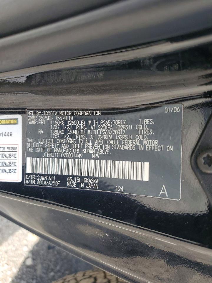 2007 Toyota Fj Cruiser Base Black vin: JTEBU11F070001449