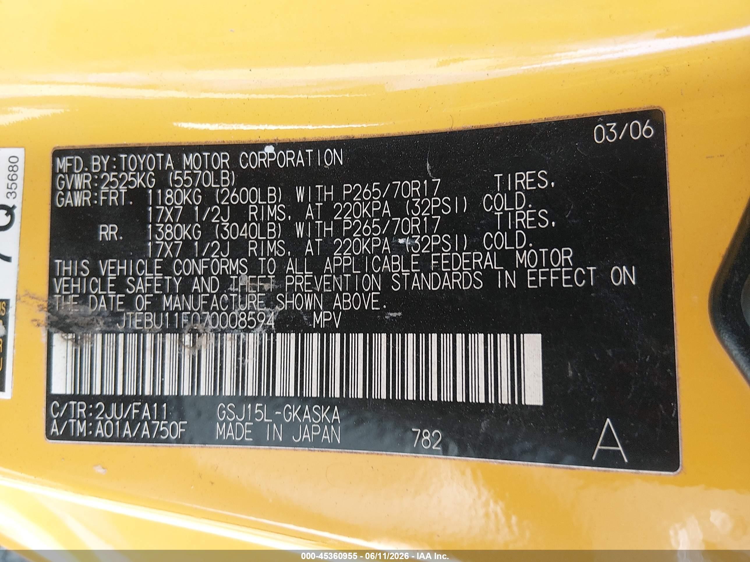 2007 Toyota Fj Cruiser   Yellow vin: JTEBU11F070008594