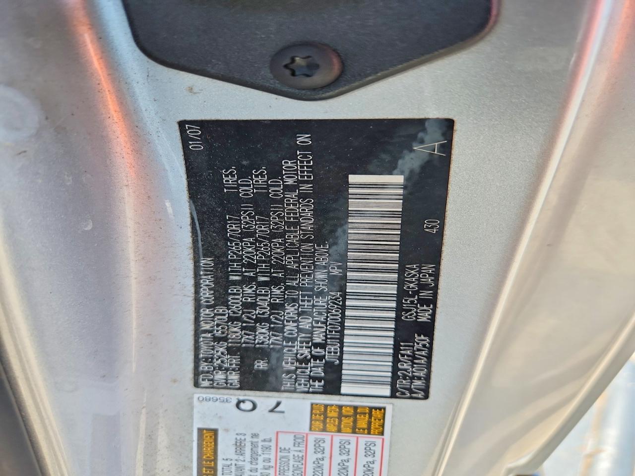 2007 Toyota Fj Cruiser Base Silver vin: JTEBU11F070069234