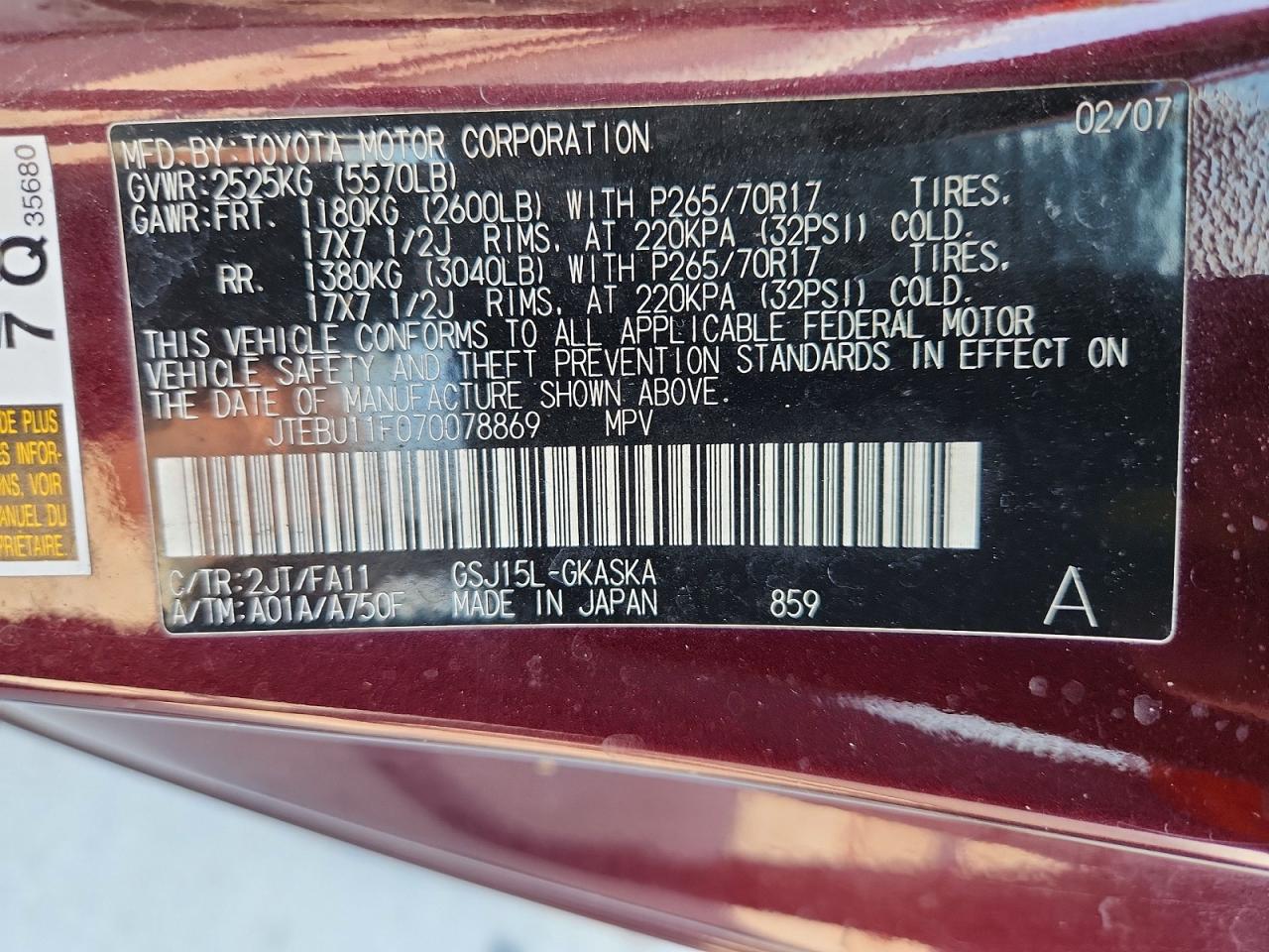 2007 Toyota Fj Cruiser Base Maroon vin: JTEBU11F070078869