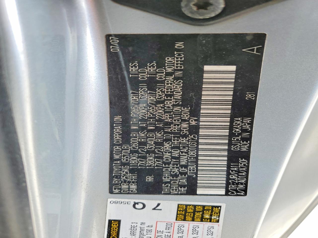 2008 Toyota Fj Cruiser Base Silver vin: JTEBU11F080103125