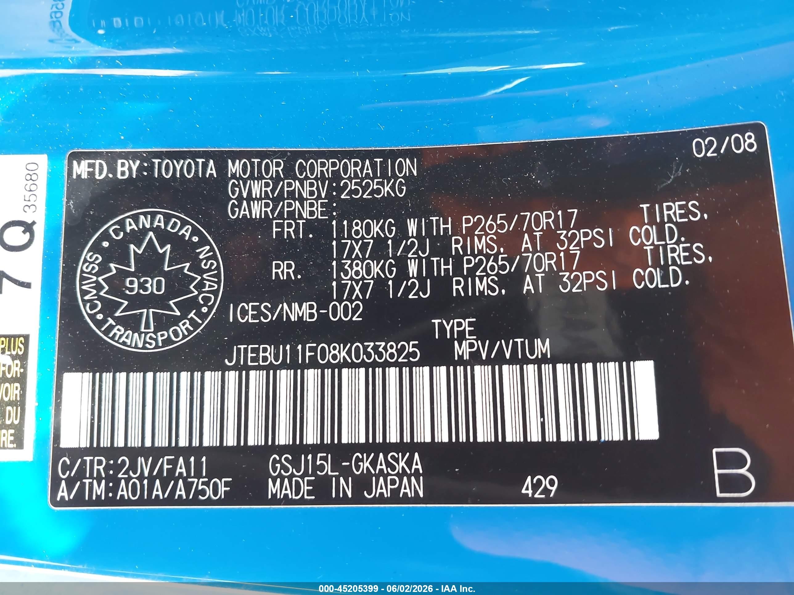 2008 Toyota Fj Cruiser   Blue vin: JTEBU11F08K033825