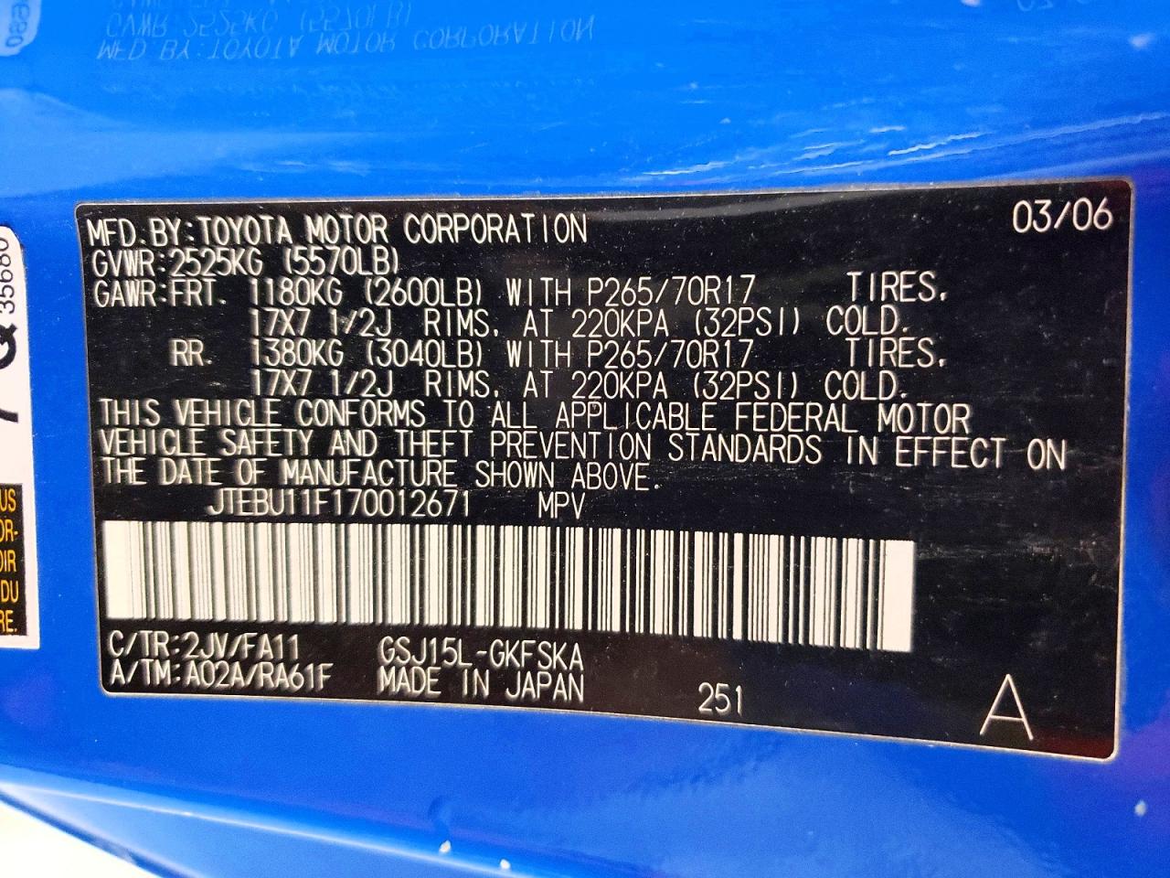 2007 Toyota Fj Cruiser Base Blue vin: JTEBU11F170012671