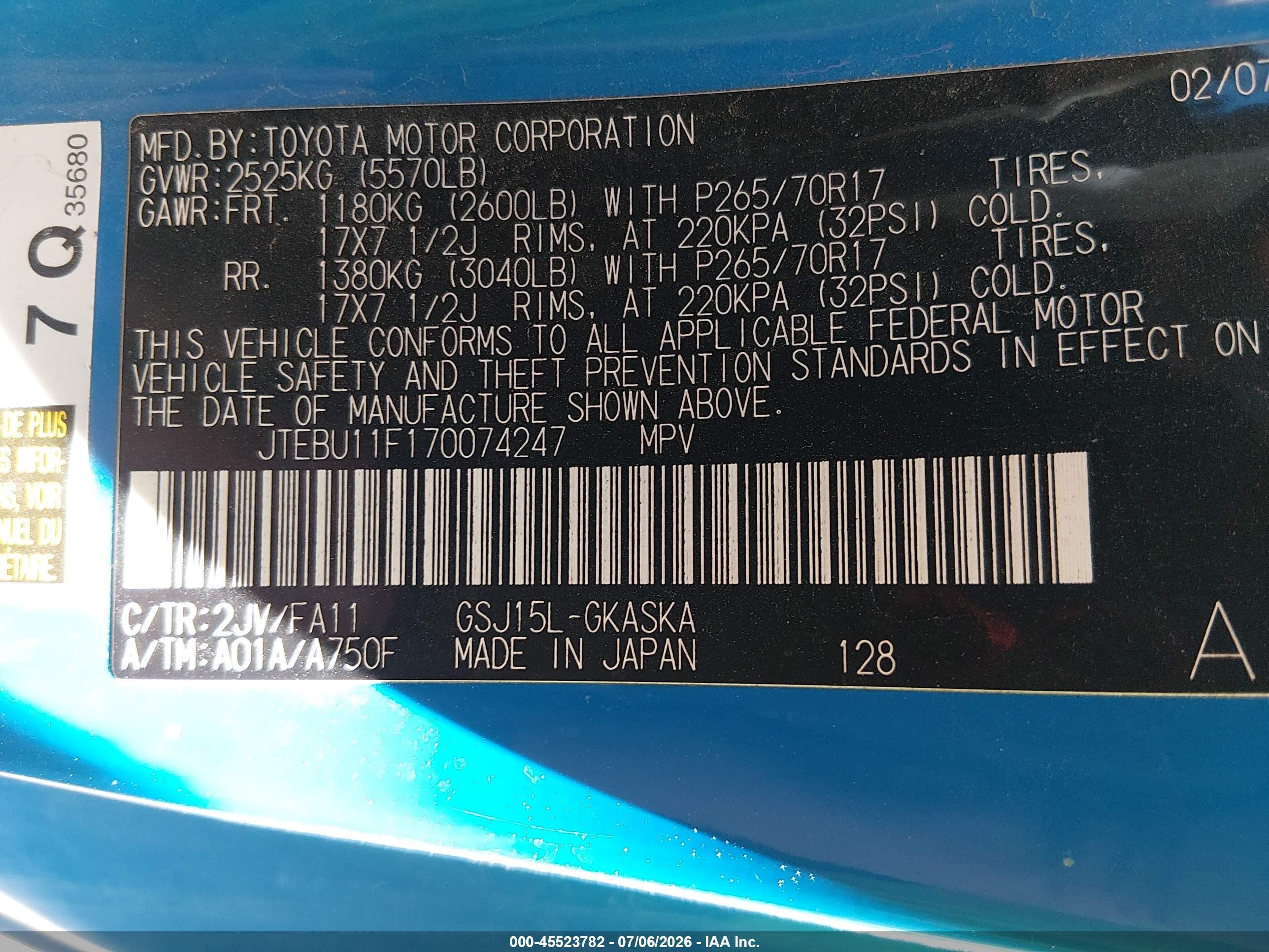 2007 Toyota Fj Cruiser   Blue vin: JTEBU11F170074247