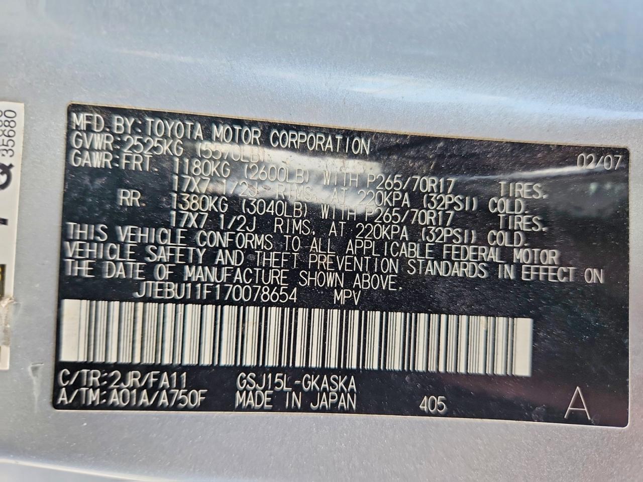 2007 Toyota Fj Cruiser Base Silver vin: JTEBU11F170078654
