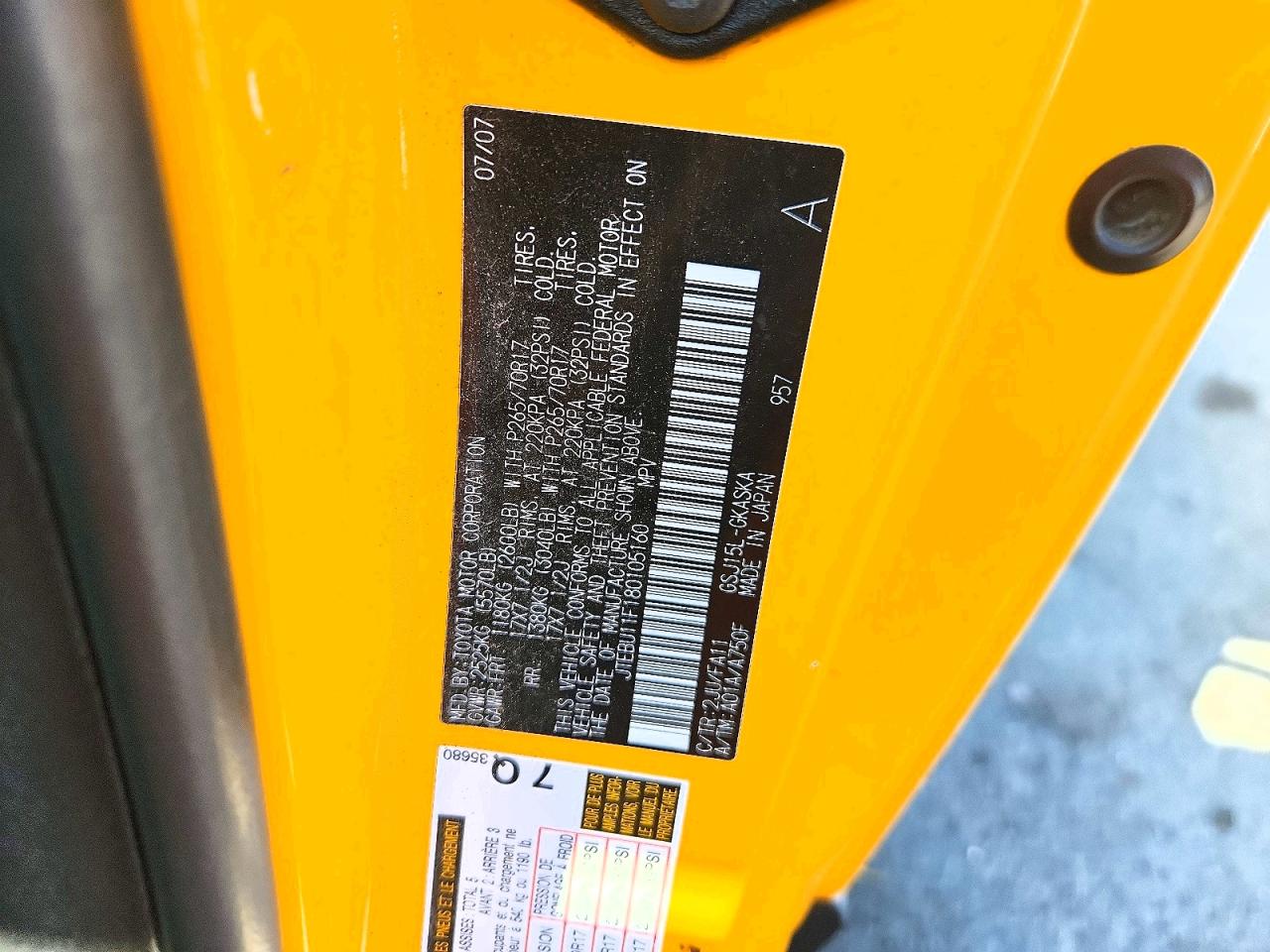 2008 Toyota Fj Cruiser Base Yellow vin: JTEBU11F180105160