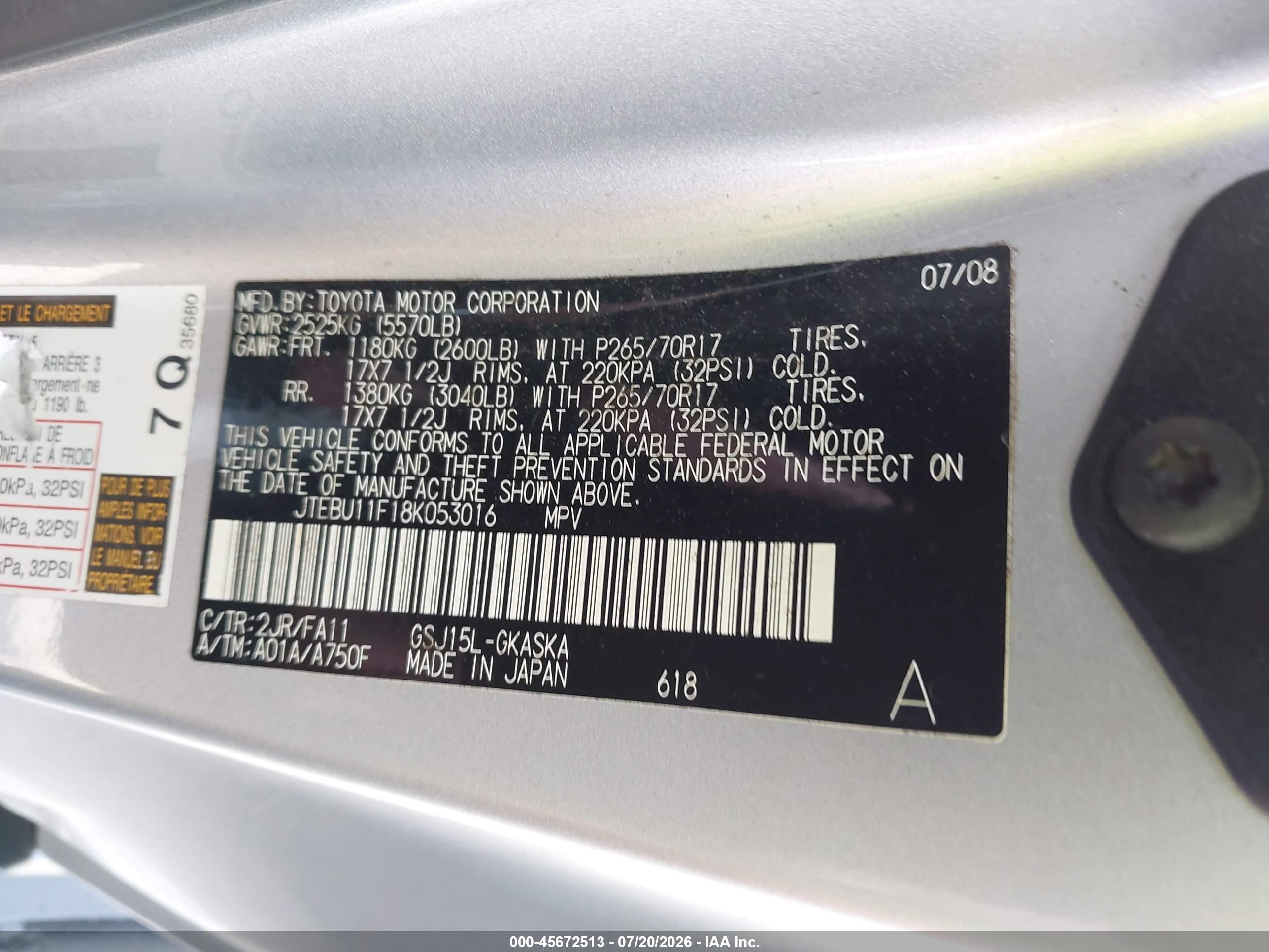 2008 Toyota Fj Cruiser   Silver vin: JTEBU11F18K053016