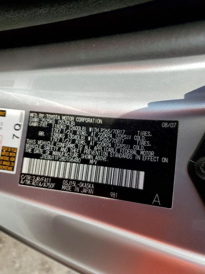 2008 Toyota Fj Cruiser Base Silver vin: JTEBU11F280106480