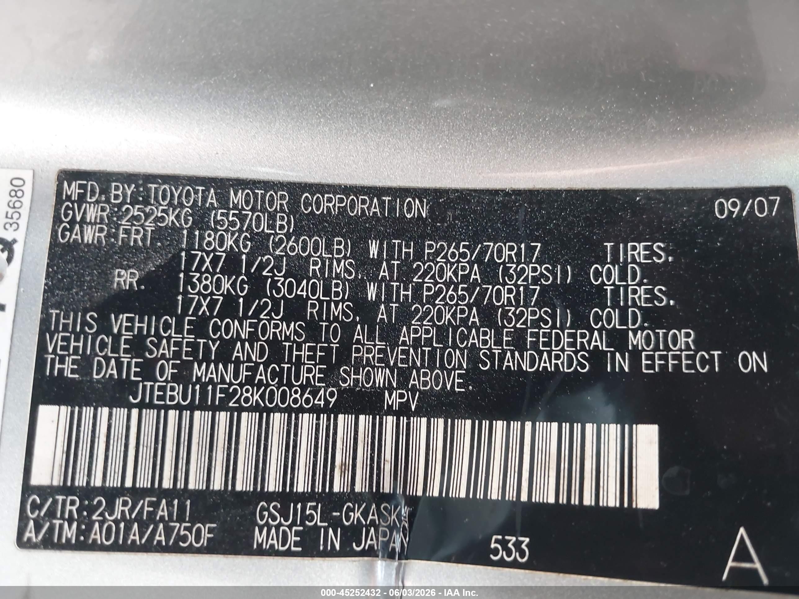 2008 Toyota Fj Cruiser   Silver vin: JTEBU11F28K008649