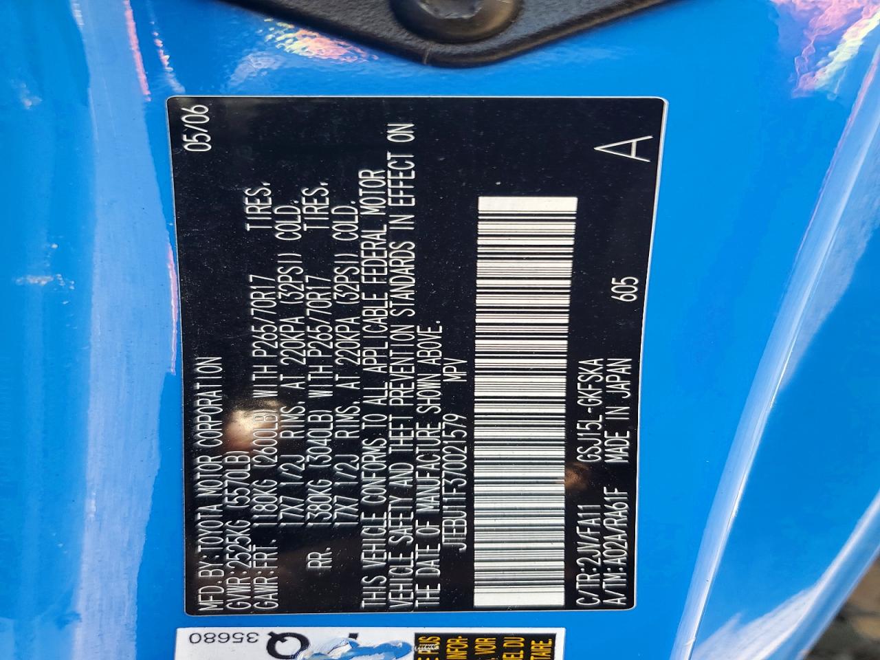 2007 Toyota Fj Cruiser Base Blue vin: JTEBU11F370021579