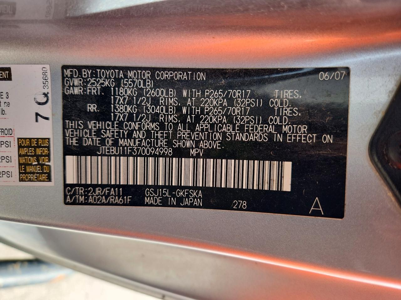 2007 Toyota Fj Cruiser Base Silver vin: JTEBU11F370094998