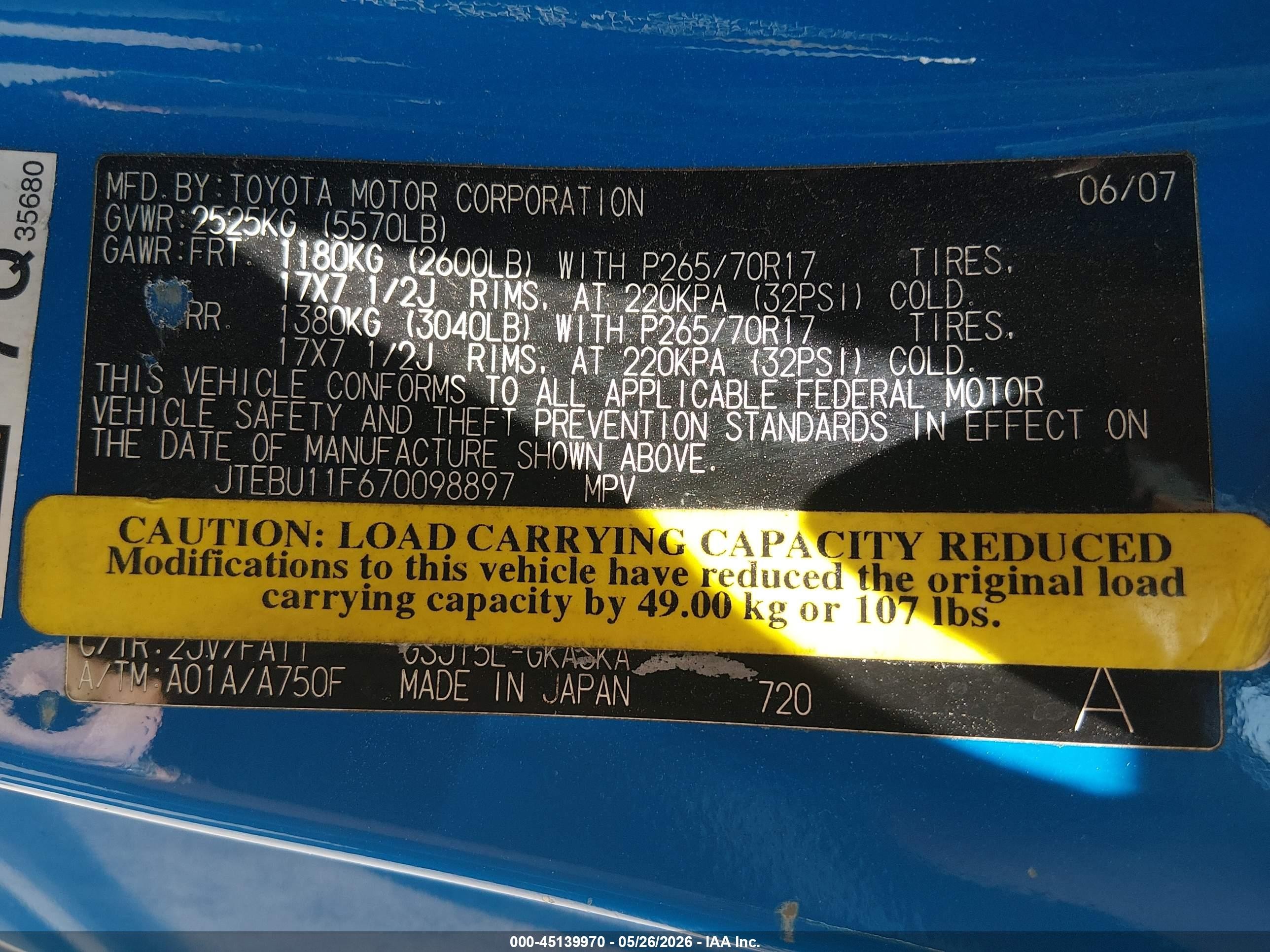 2007 Toyota Fj Cruiser   Blue vin: JTEBU11F670098897