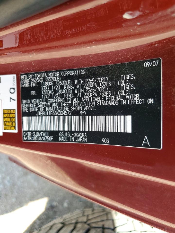 2008 Toyota Fj Cruiser Base Burgundy vin: JTEBU11F68K004572