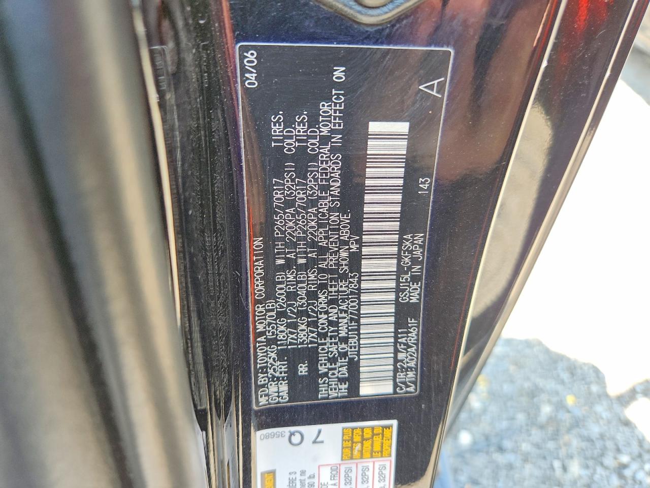 2007 Toyota Fj Cruiser Base Black vin: JTEBU11F770017843