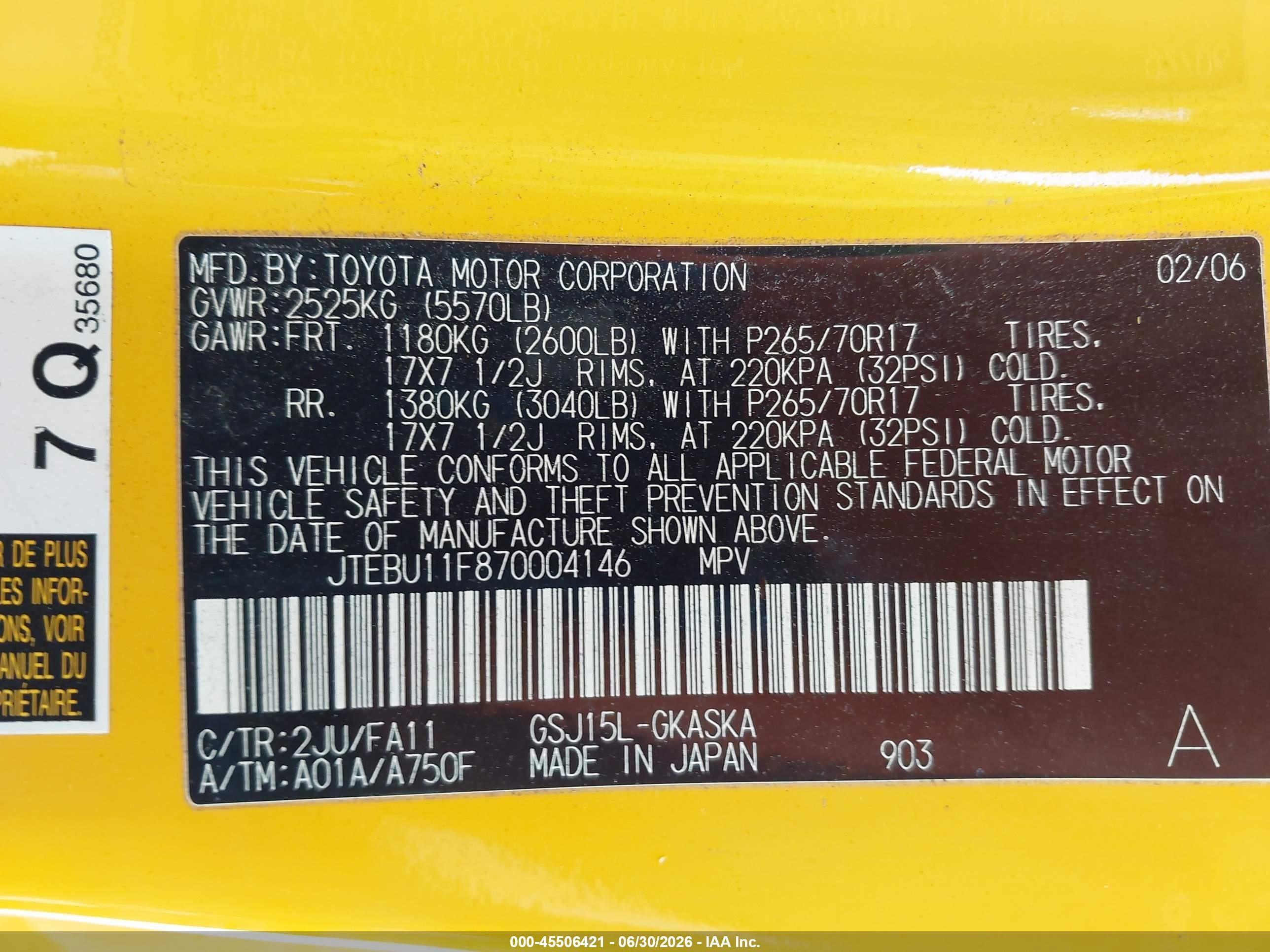 2007 Toyota Fj Cruiser   Yellow vin: JTEBU11F870004146
