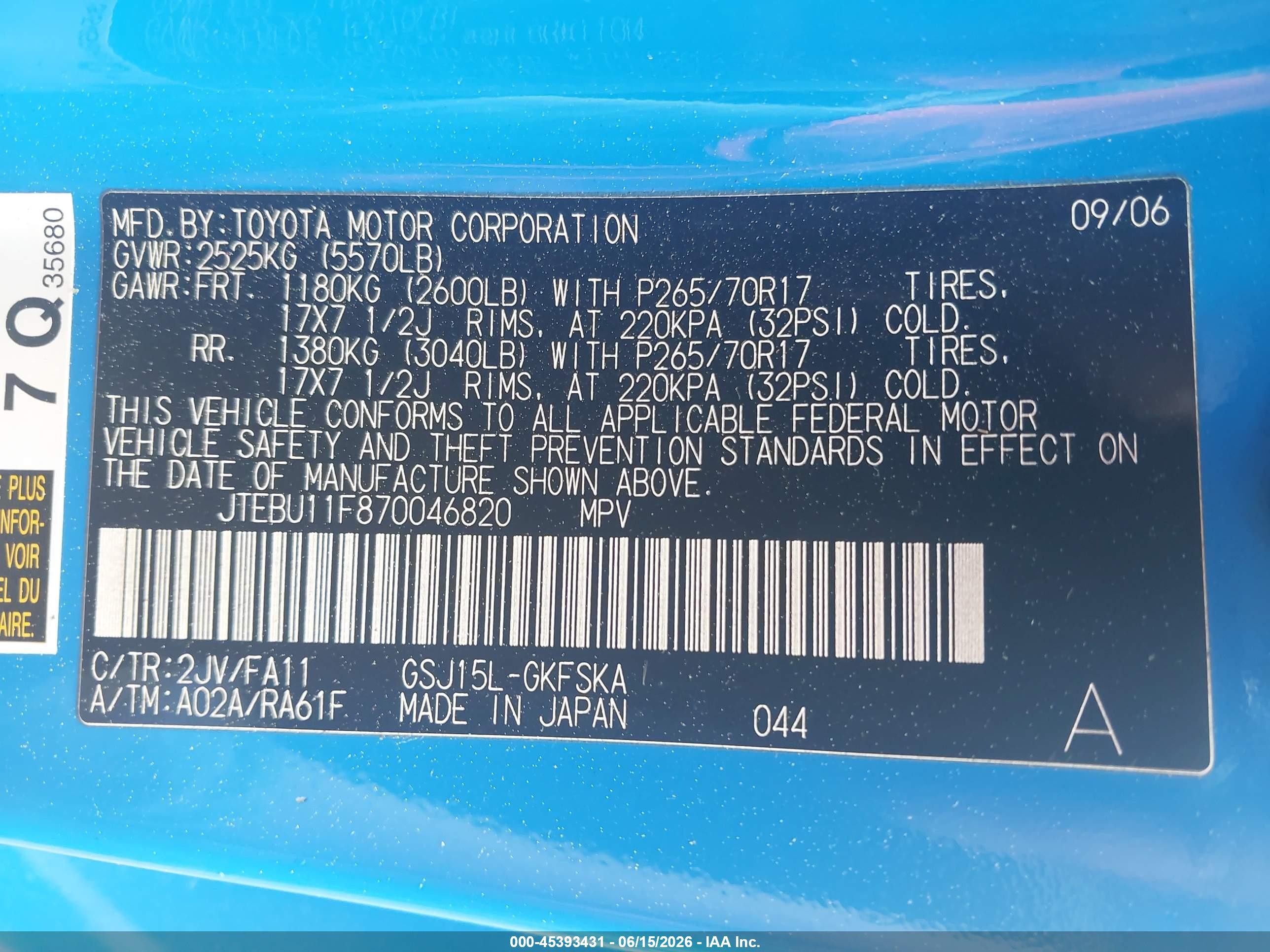 2007 Toyota Fj Cruiser   Blue vin: JTEBU11F870046820
