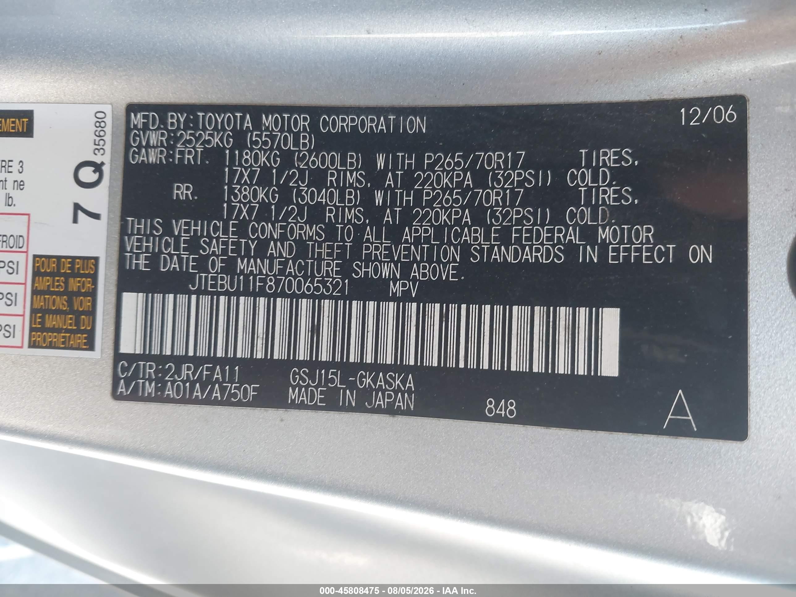 2007 Toyota Fj Cruiser   Silver vin: JTEBU11F870065321