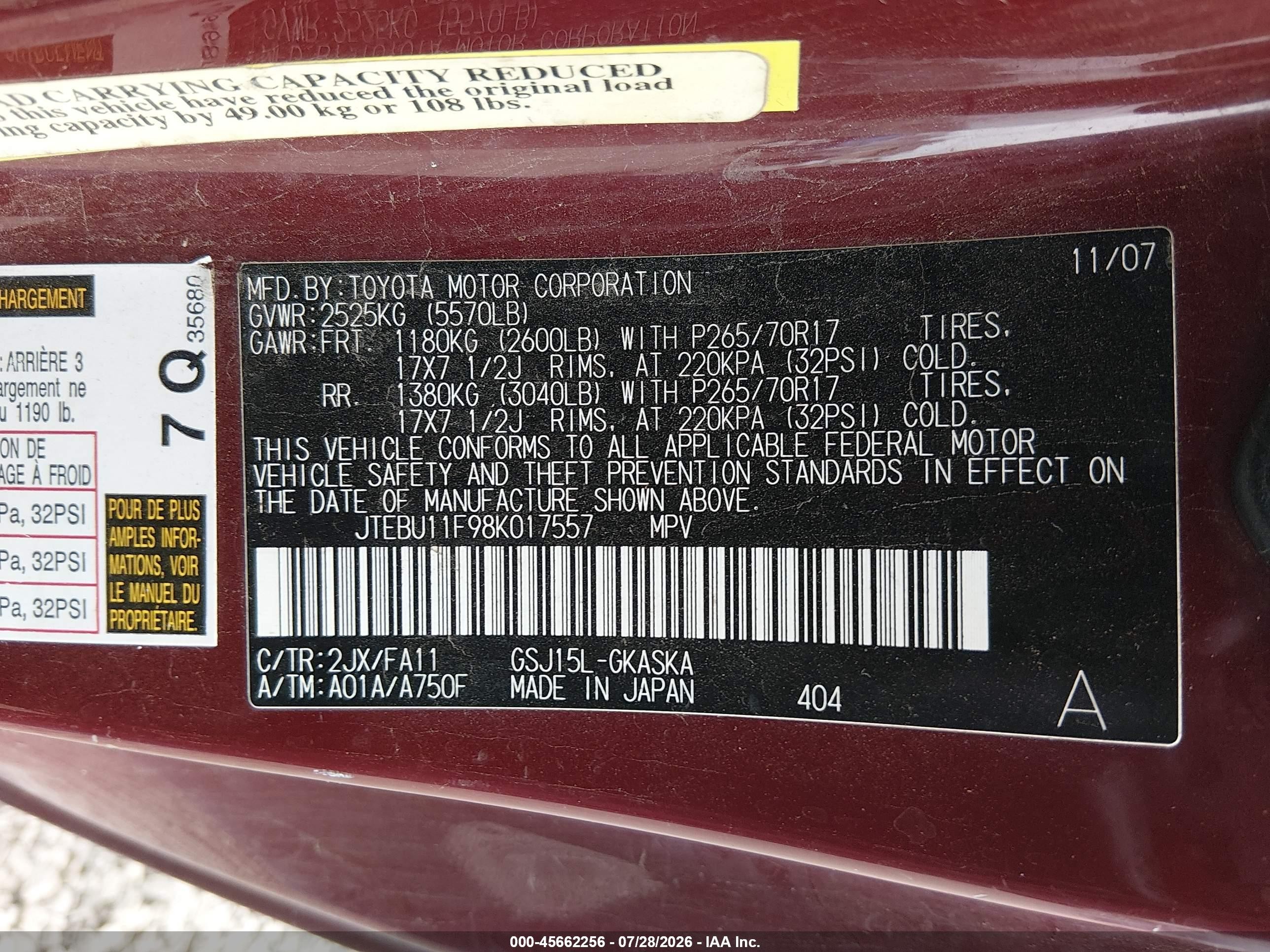 2008 Toyota Fj Cruiser   Red vin: JTEBU11F98K017557