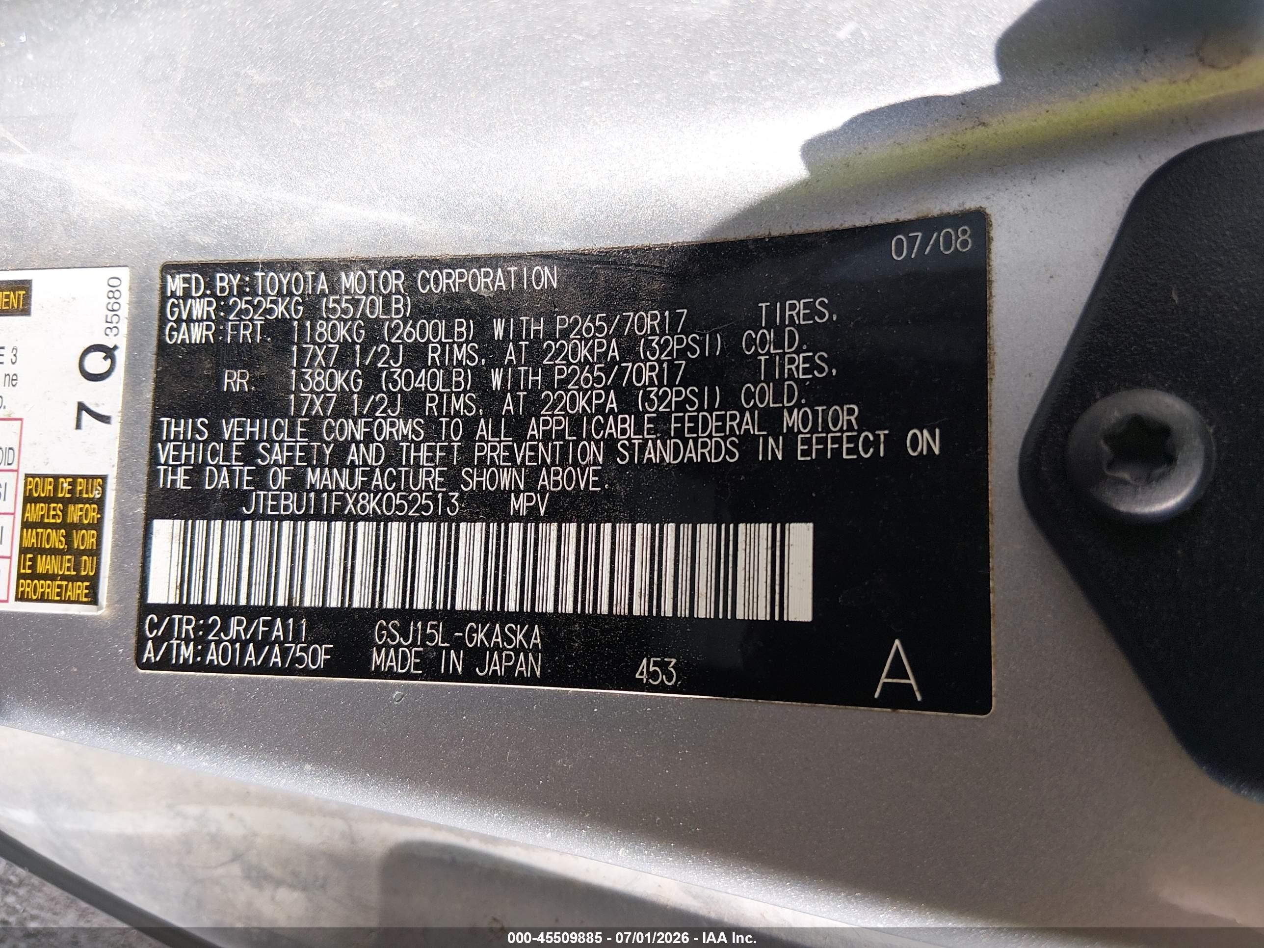 2008 Toyota Fj Cruiser   Silver vin: JTEBU11FX8K052513