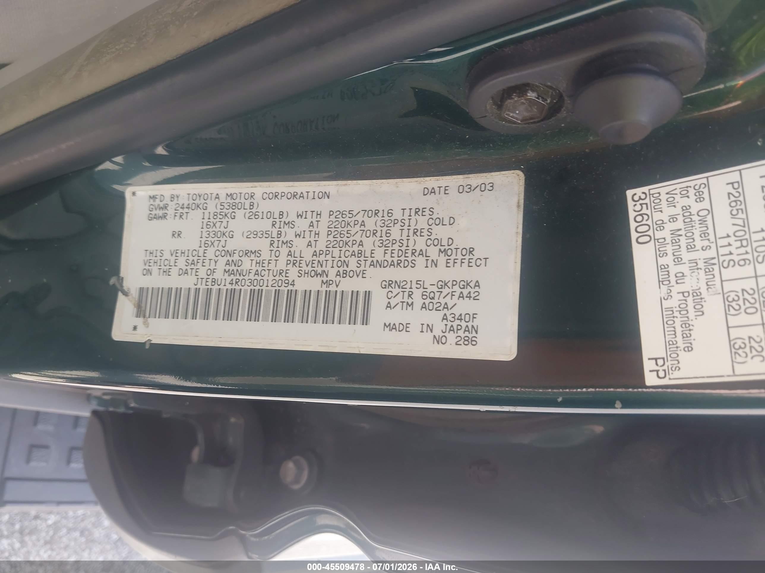 2003 Toyota 4runner Sr5 V6 Green vin: JTEBU14R030012094