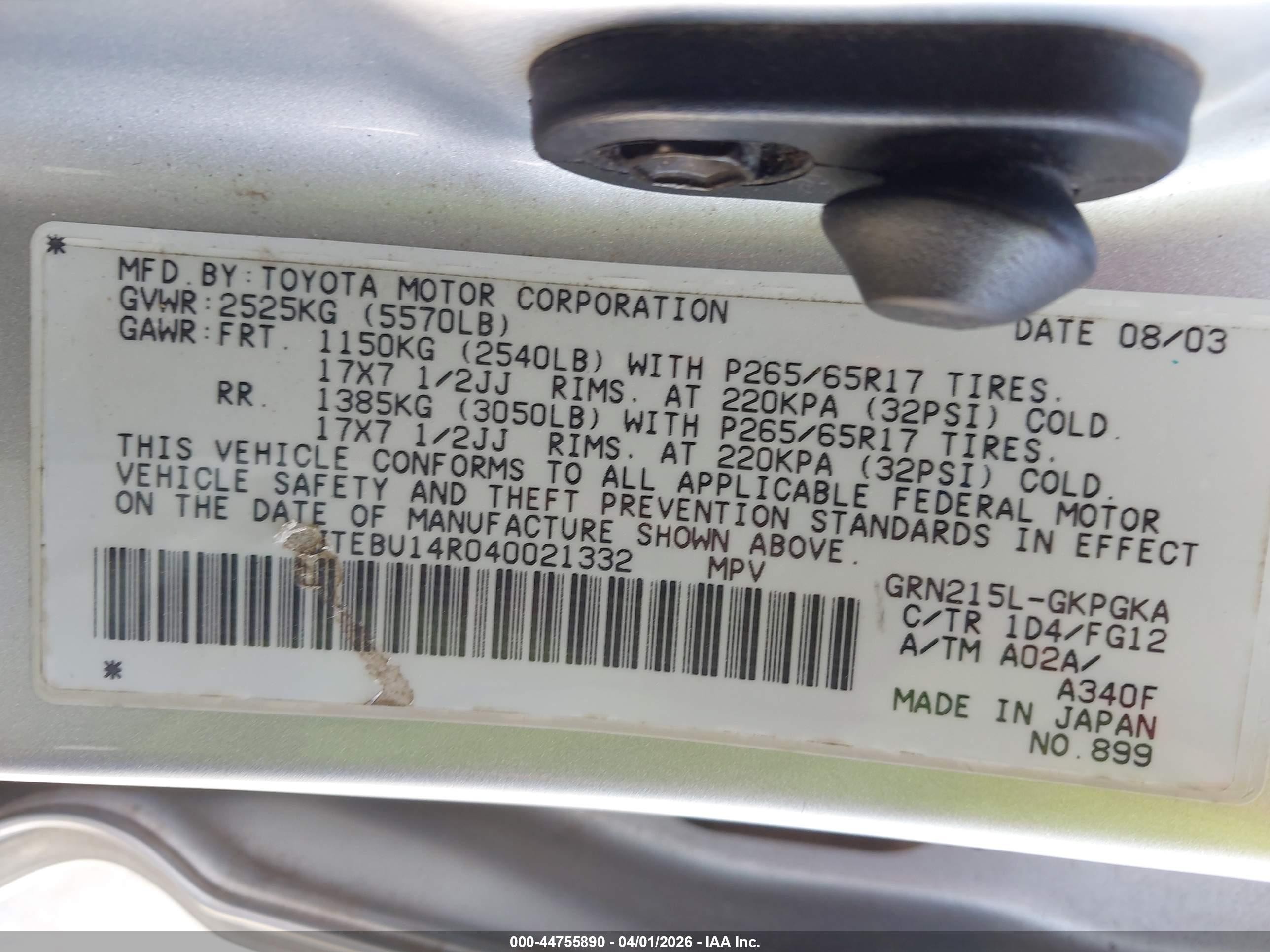 2004 Toyota 4runner Sr5 V6 Silver vin: JTEBU14R040021332