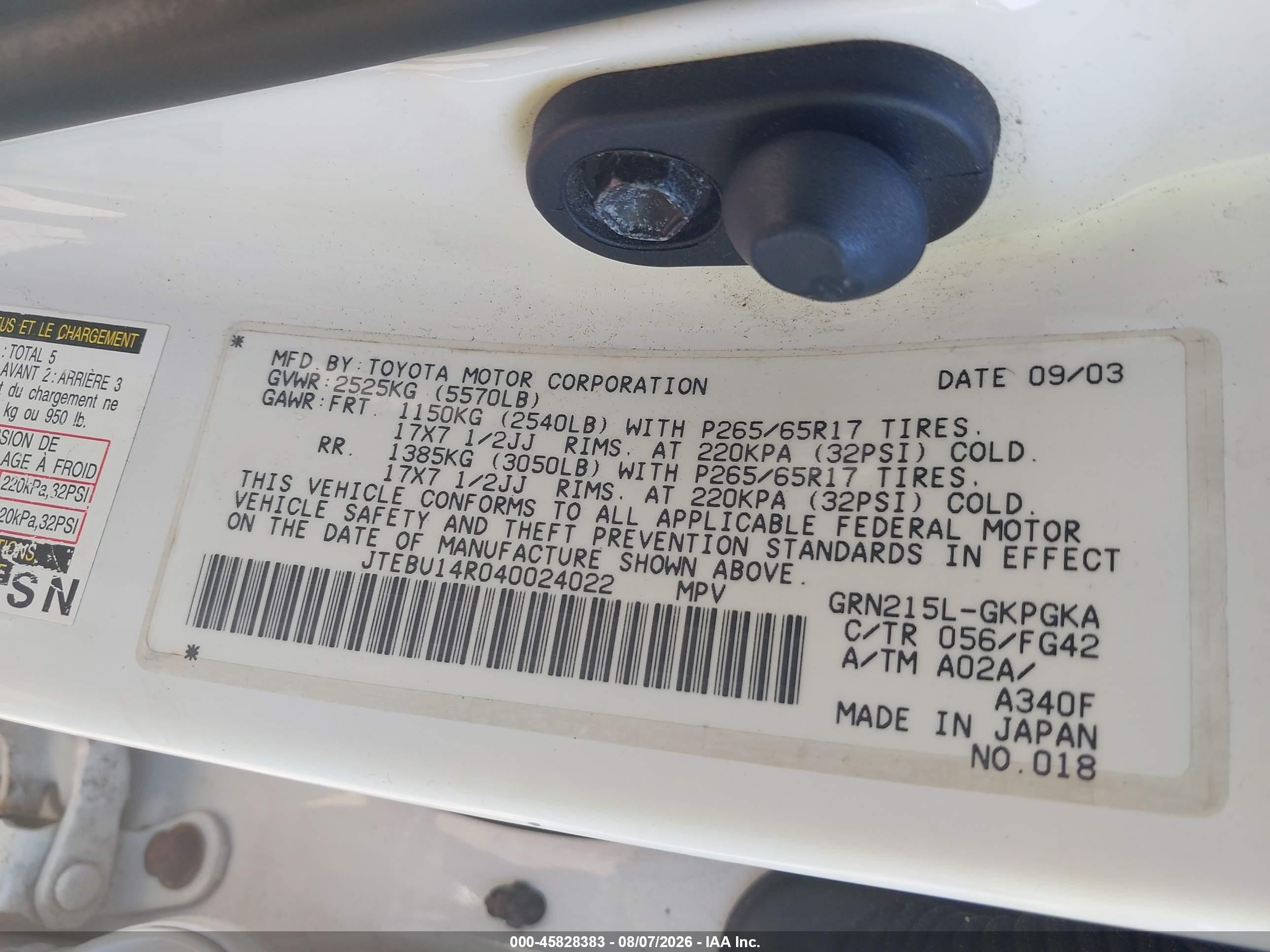 2004 Toyota 4runner Sr5 V6 White vin: JTEBU14R040024022