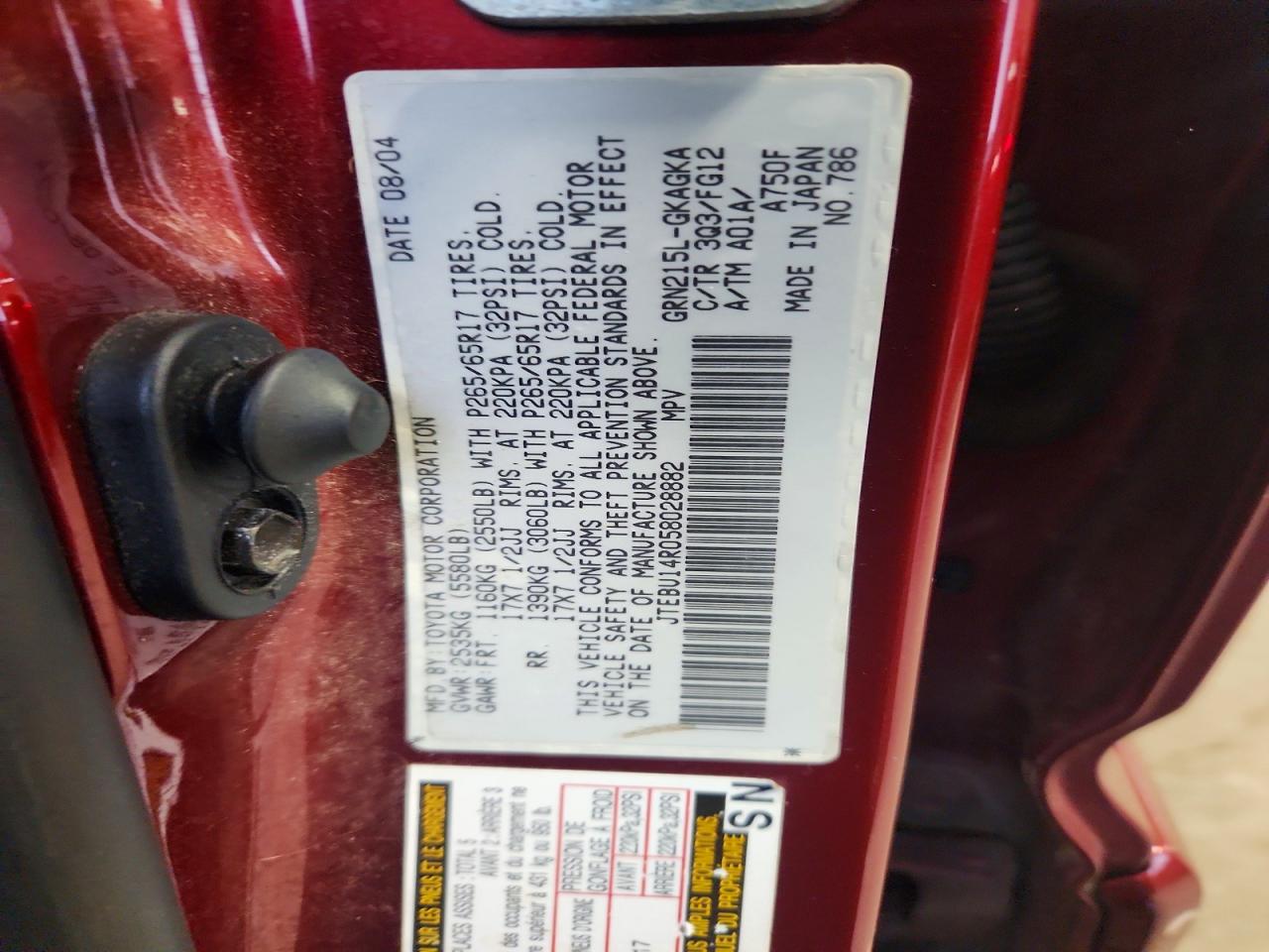 2005 Toyota 4runner Sr5 Красный vin: JTEBU14R058028882