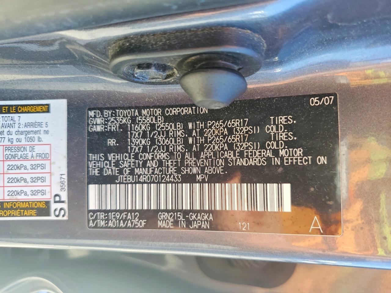 2007 Toyota 4runner Sr5 Gray vin: JTEBU14R070124433
