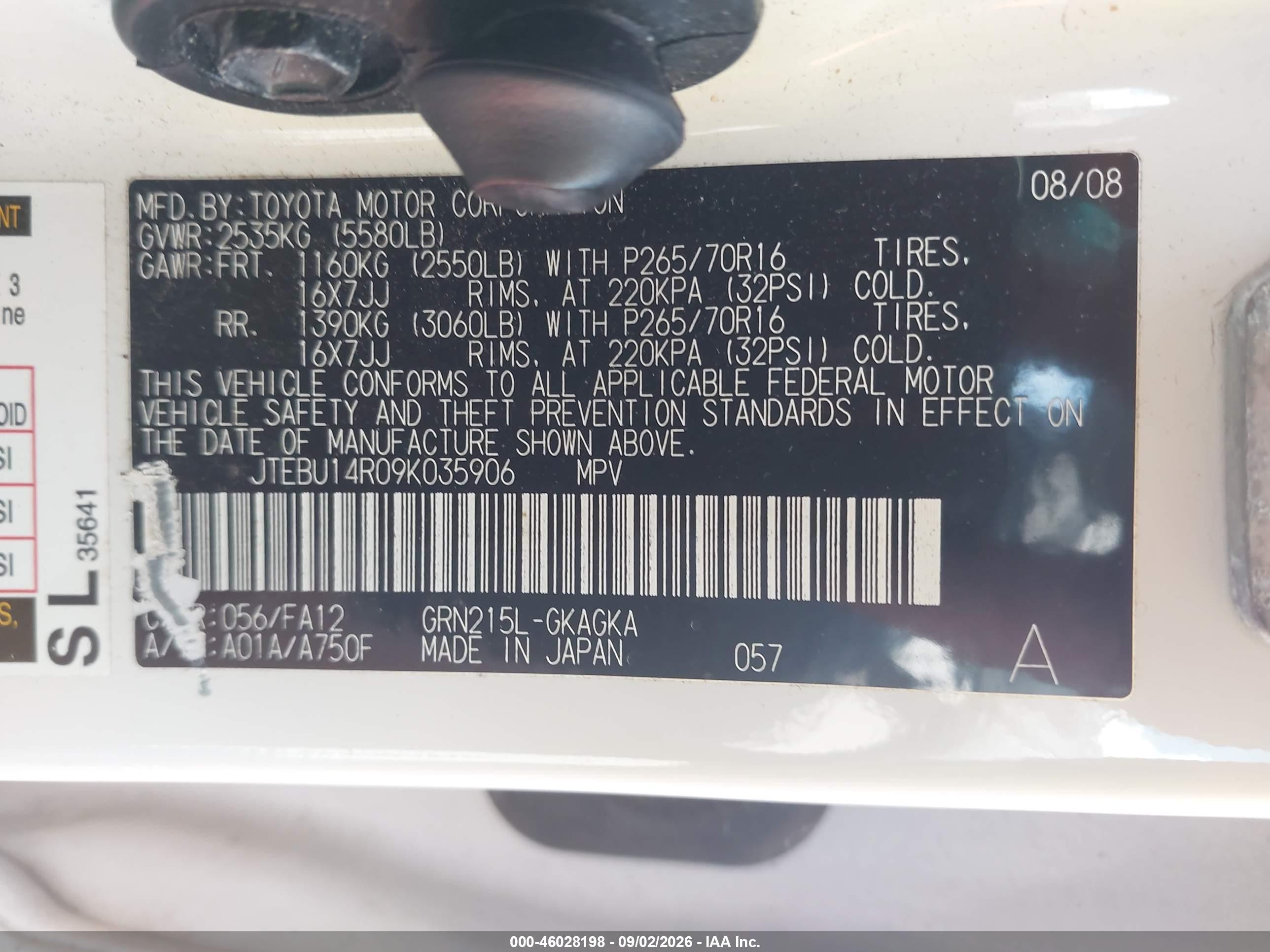 2009 Toyota 4runner Sr5 V6 Белый vin: JTEBU14R09K035906
