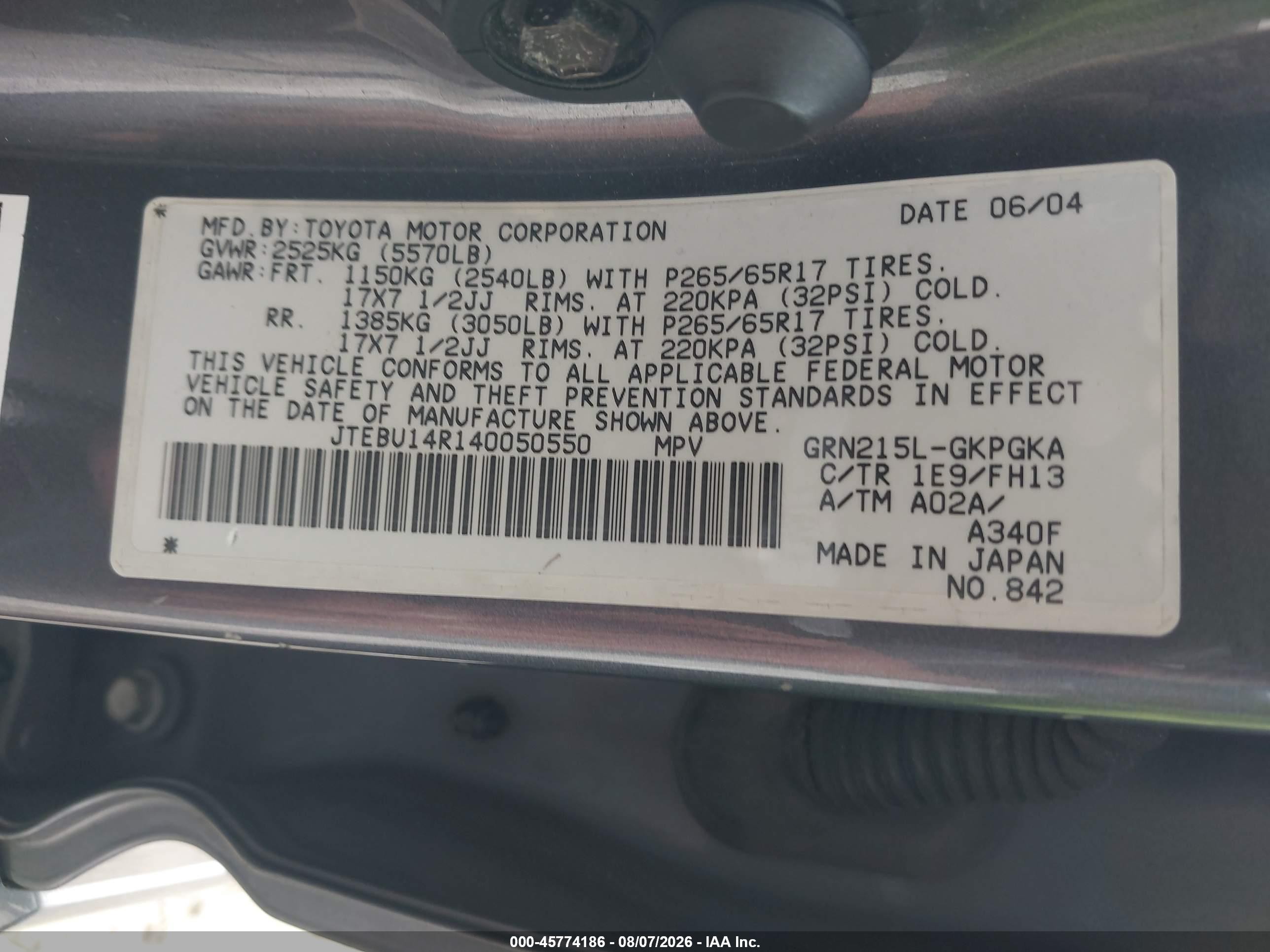 2004 Toyota 4runner Sr5 Sport V6 Gray vin: JTEBU14R140050550