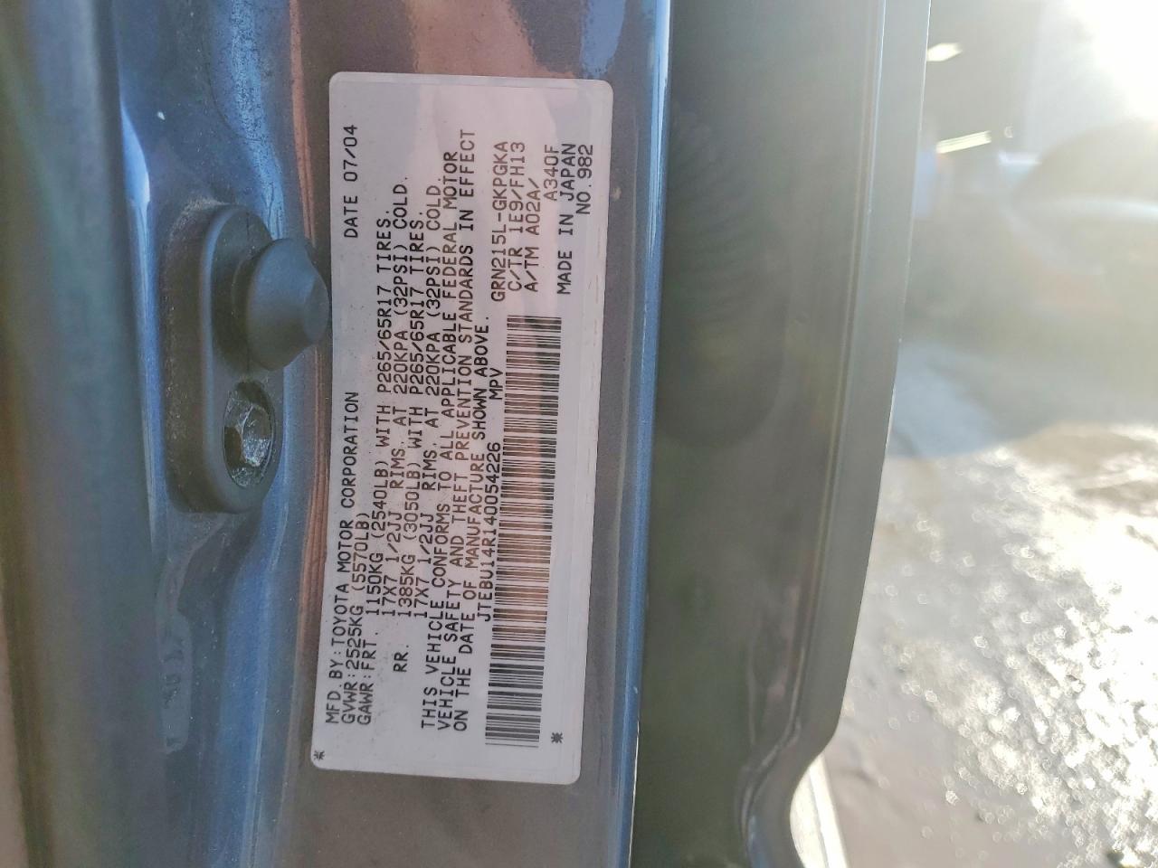 2004 Toyota 4runner Sport Edition Charcoal vin: JTEBU14R140054226