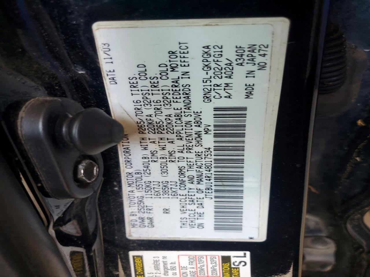 2004 Toyota 4runner Sr5 Black vin: JTEBU14R148017534