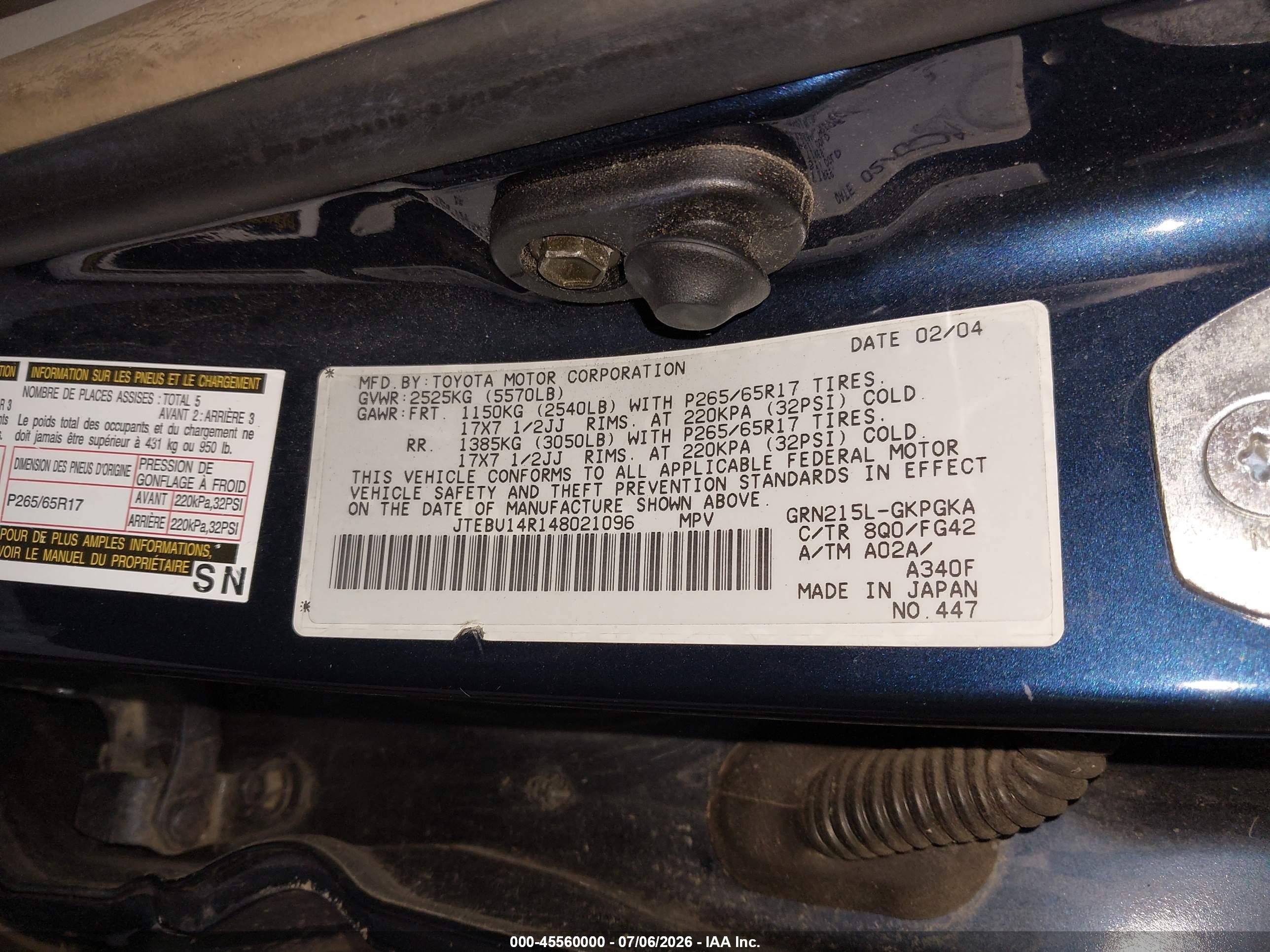 2004 Toyota 4runner Sr5 V6 Blue vin: JTEBU14R148021096