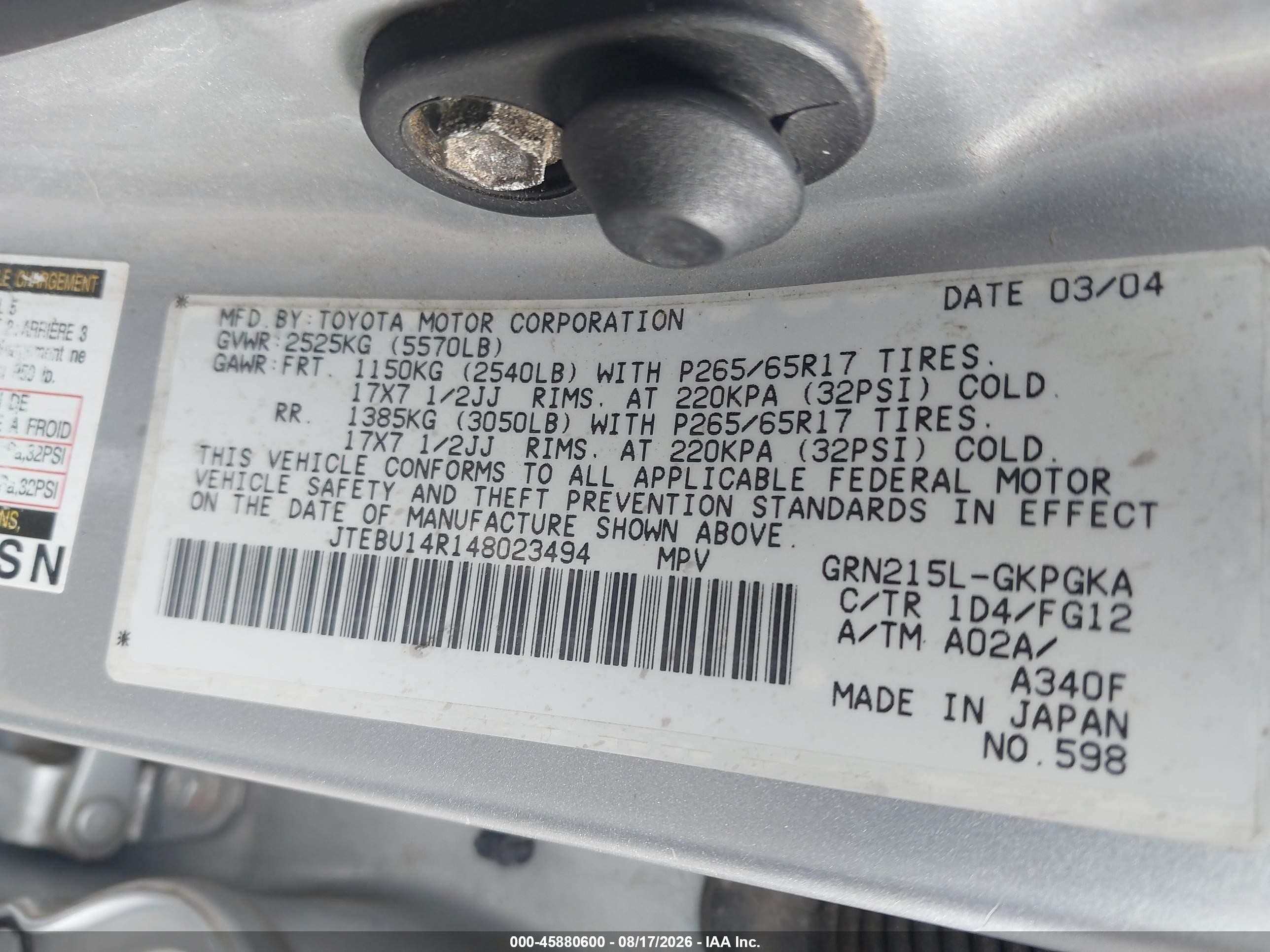 2004 Toyota 4runner Sr5 V6 Silver vin: JTEBU14R148023494