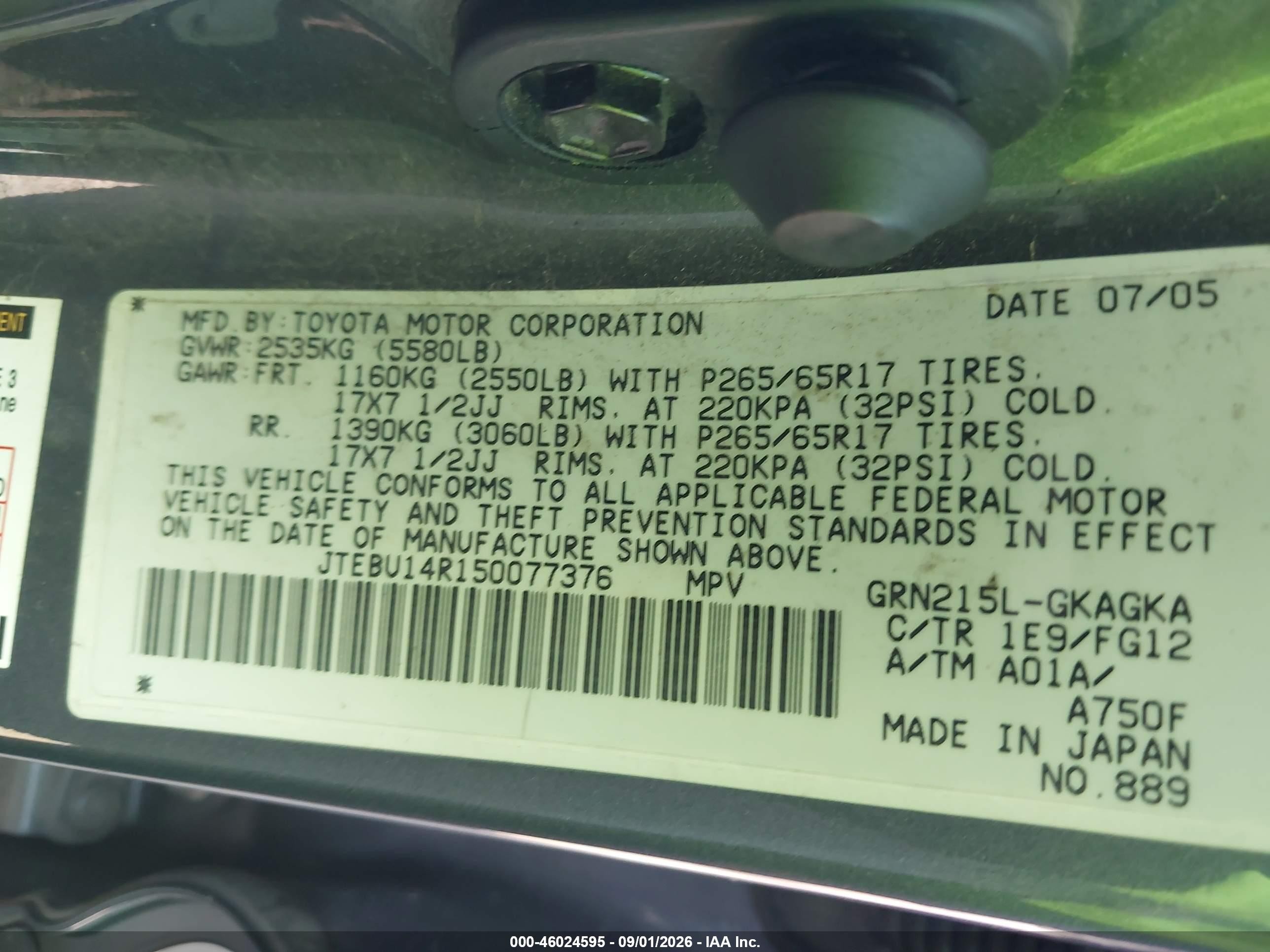 2005 Toyota 4runner Sr5 V6 Gray vin: JTEBU14R150077376