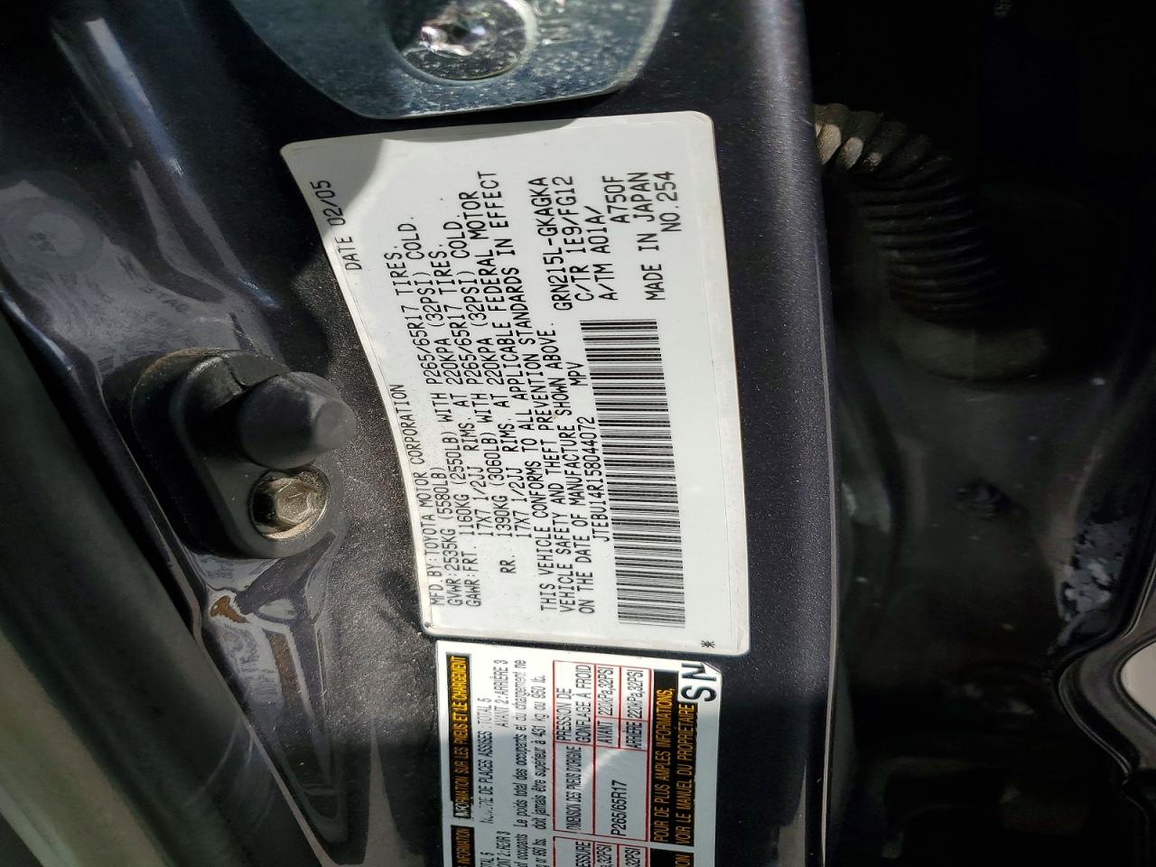 2005 Toyota 4runner Sr5 Gray vin: JTEBU14R158044072