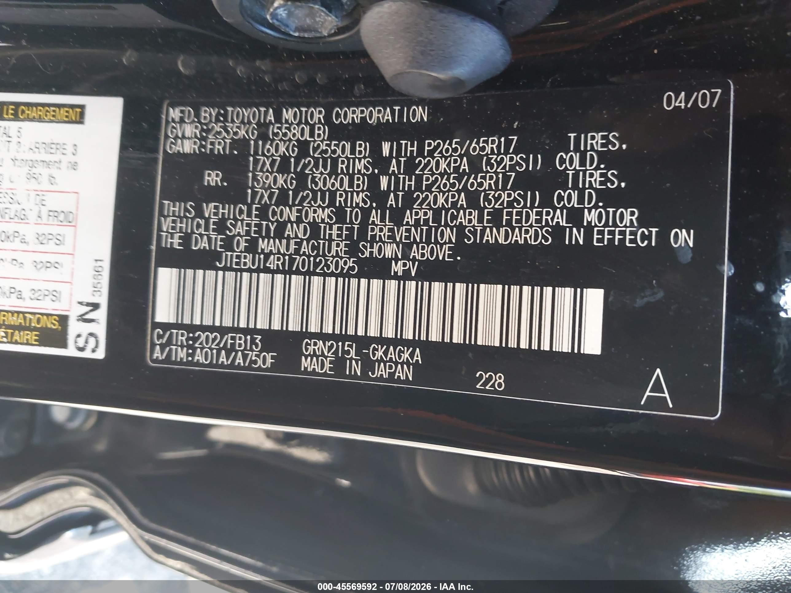 2007 Toyota 4runner Sr5 Sport Black vin: JTEBU14R170123095