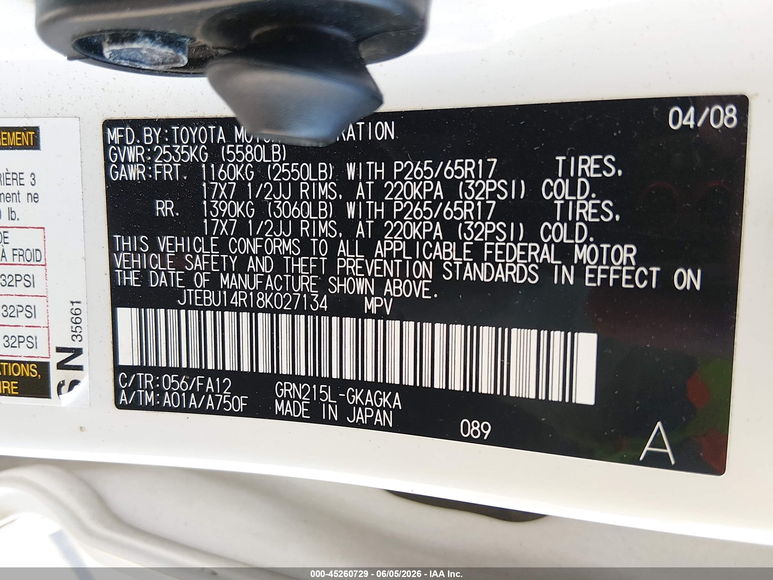 2008 Toyota 4runner Sr5 V6 White vin: JTEBU14R18K027134
