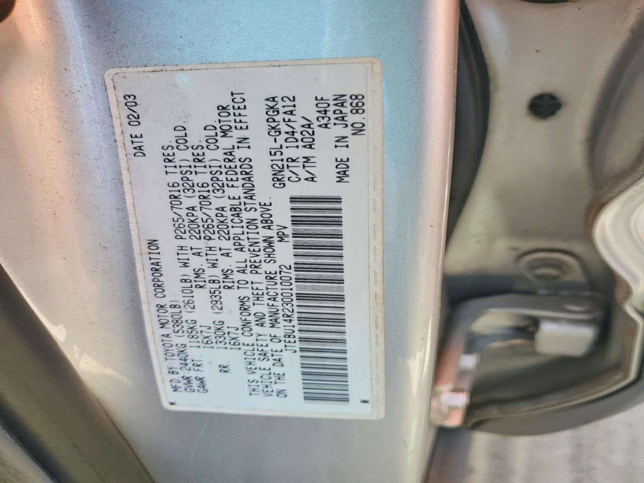 2003 Toyota 4runner Sr5 Silver vin: JTEBU14R230010072