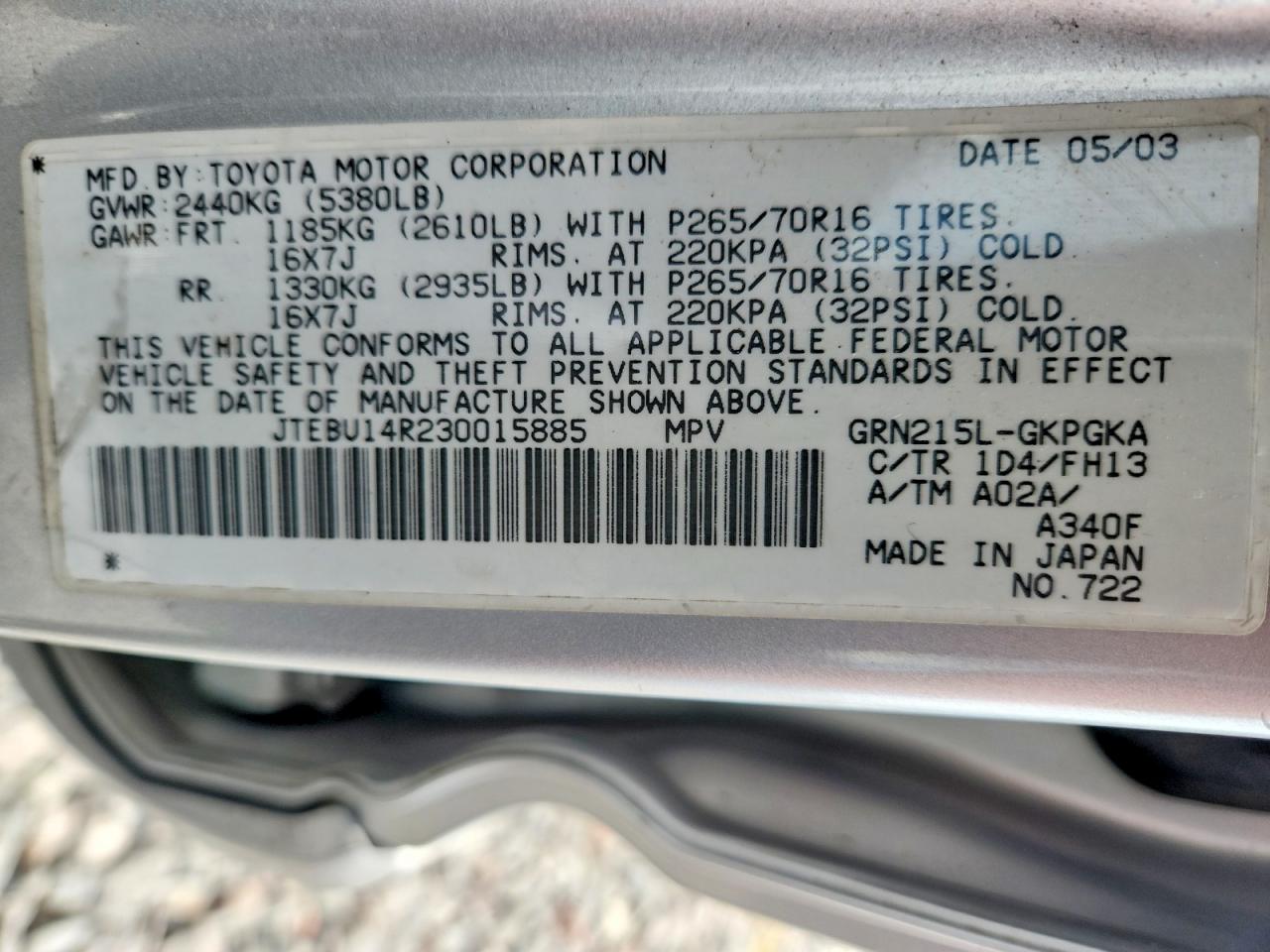 2003 Toyota 4runner Sport Edition Gray vin: JTEBU14R230015885