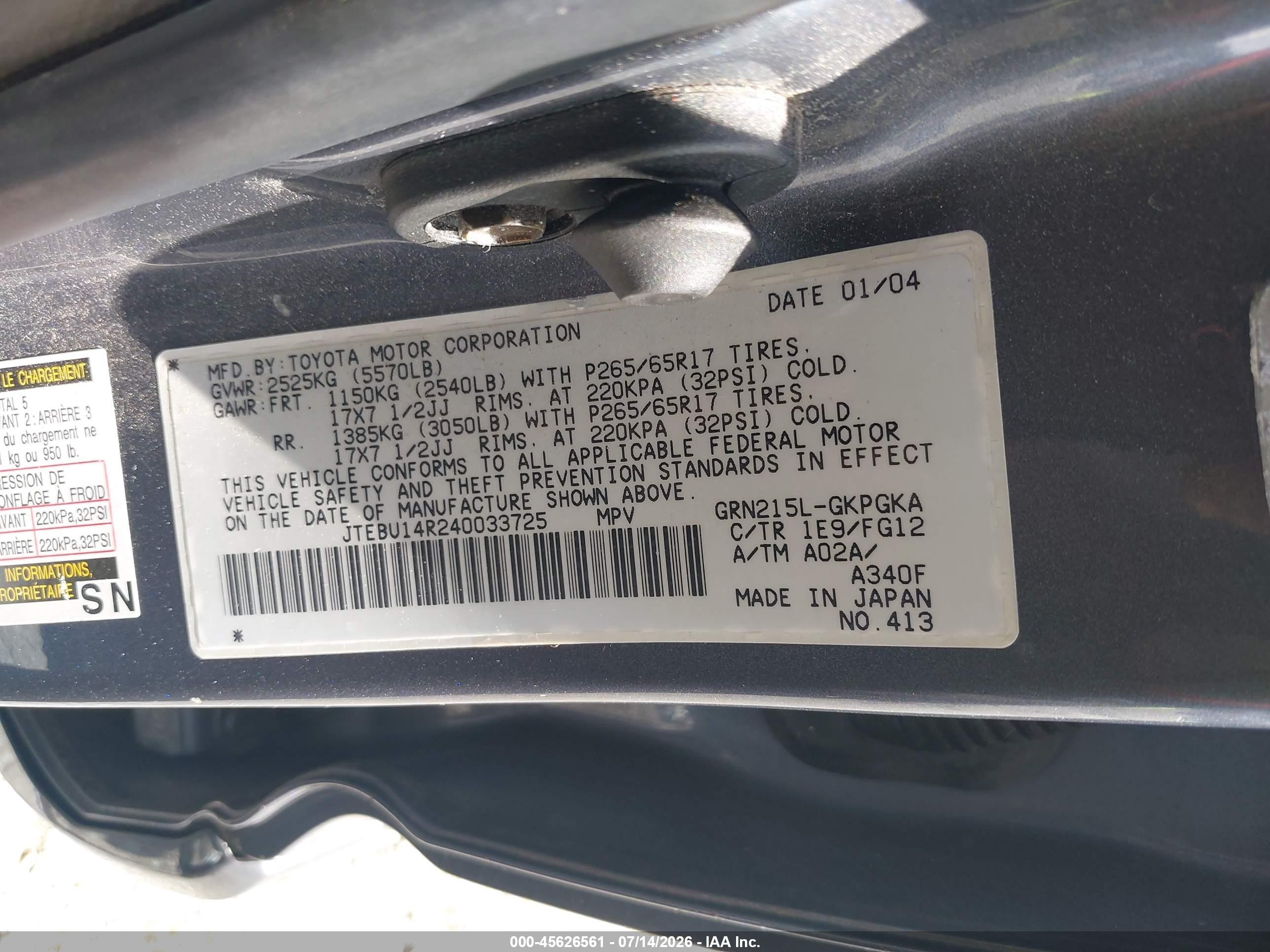 2004 Toyota 4runner Sr5 V6 Gray vin: JTEBU14R240033725
