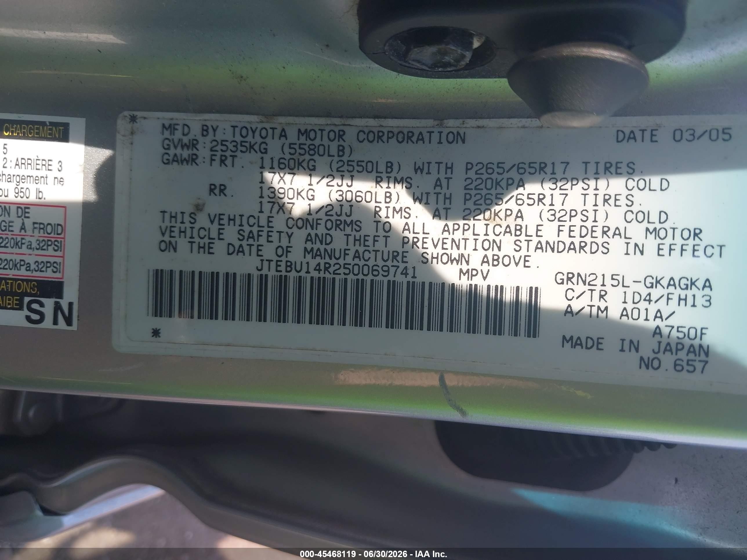 2005 Toyota 4runner Sr5 Sport V6 Gray vin: JTEBU14R250069741