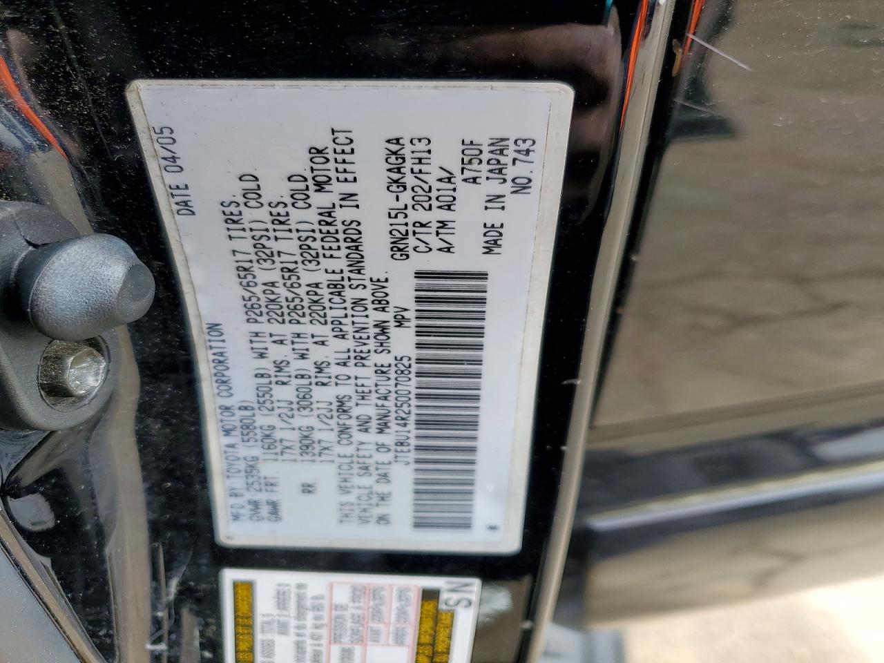 2005 Toyota 4runner Sport Edition Black vin: JTEBU14R250070825