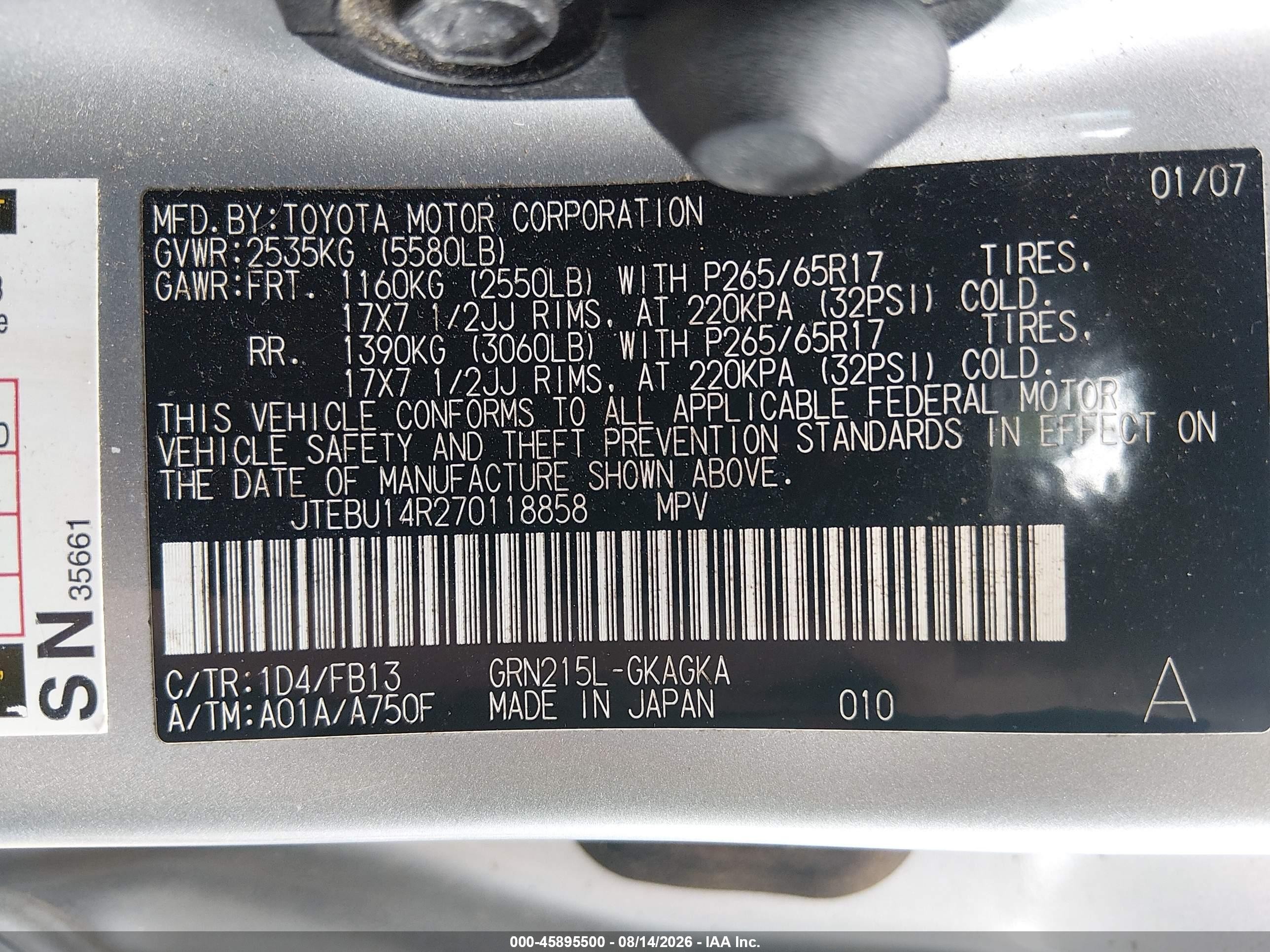 2007 Toyota 4runner Sr5 Sport Silver vin: JTEBU14R270118858