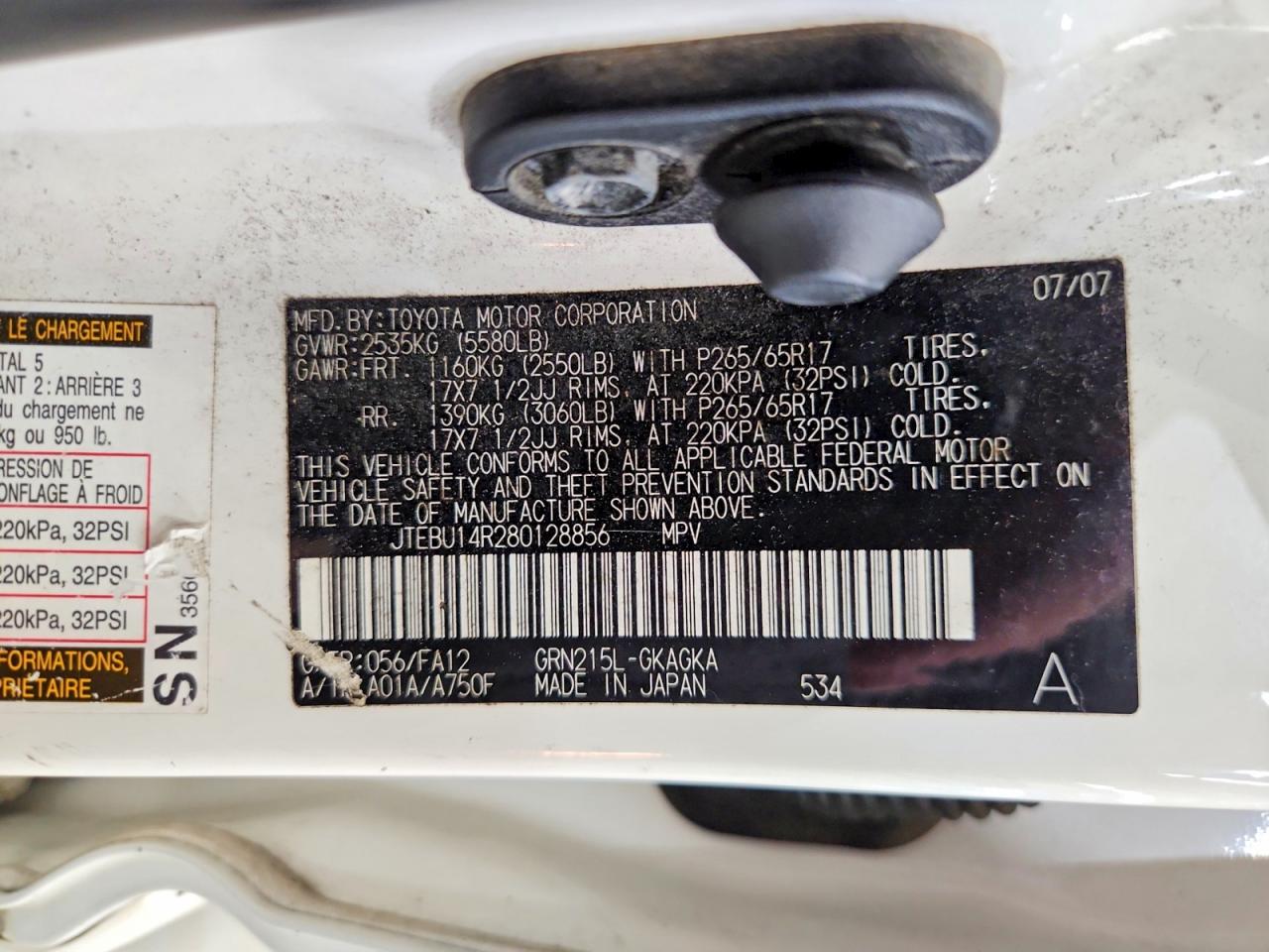 2008 Toyota 4runner White vin: JTEBU14R280128856