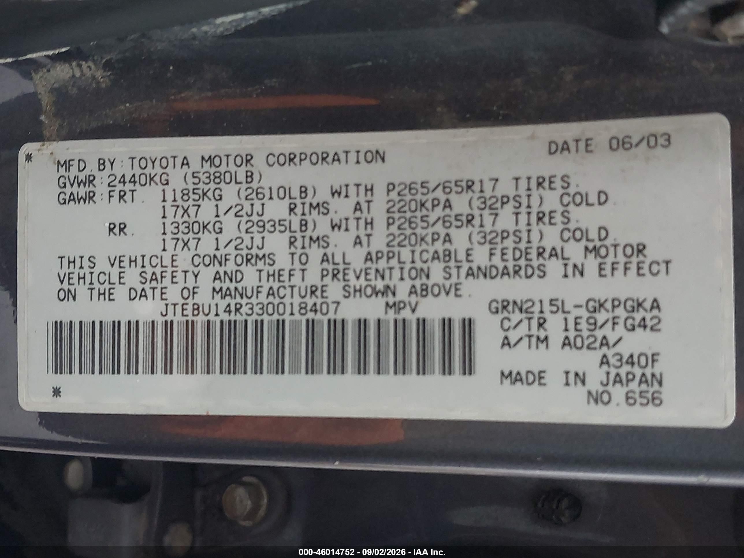 2003 Toyota 4runner Sr5 V6 Gray vin: JTEBU14R330018407