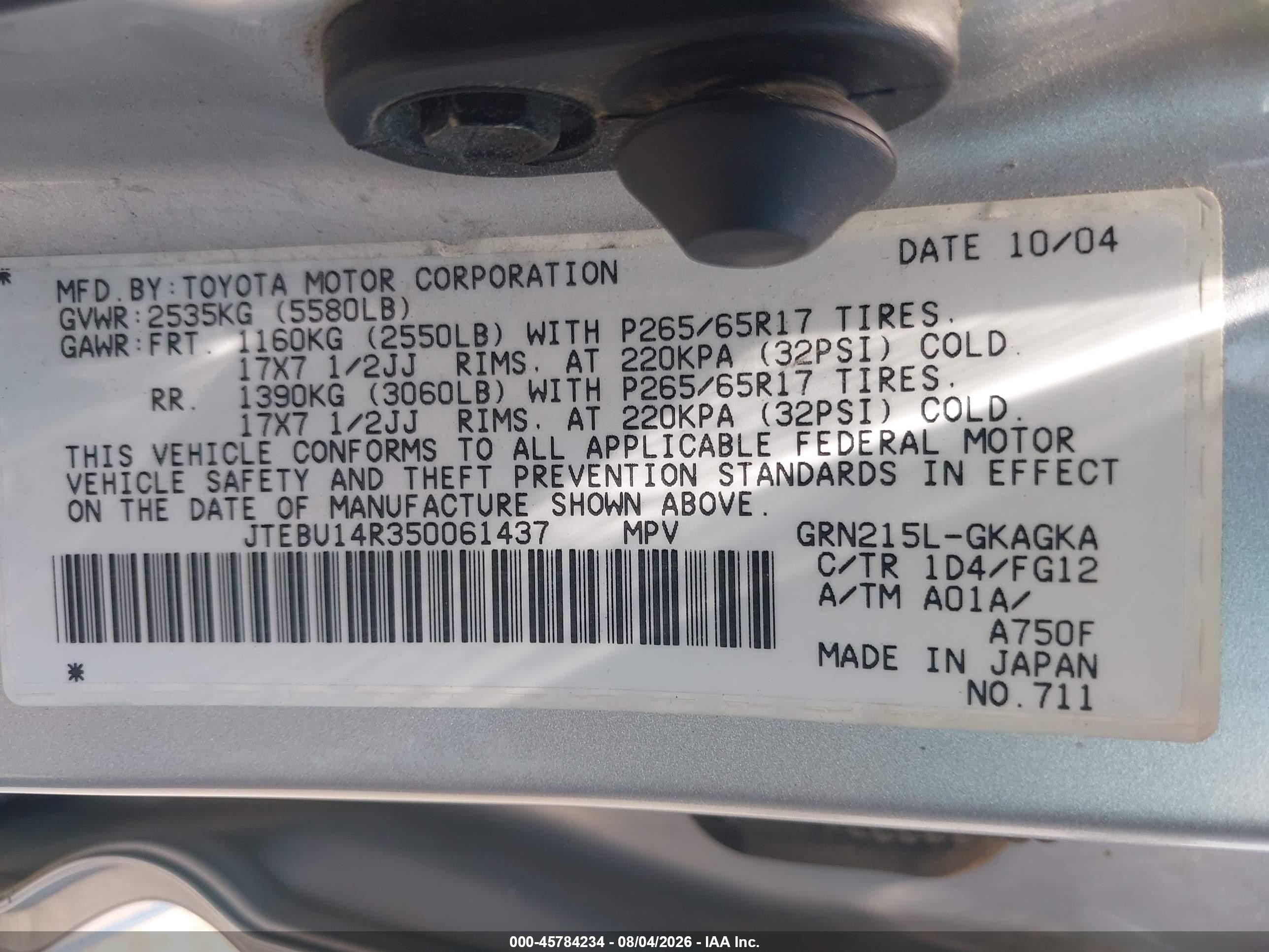 2005 Toyota 4runner Sr5 V6 Серебряный vin: JTEBU14R350061437