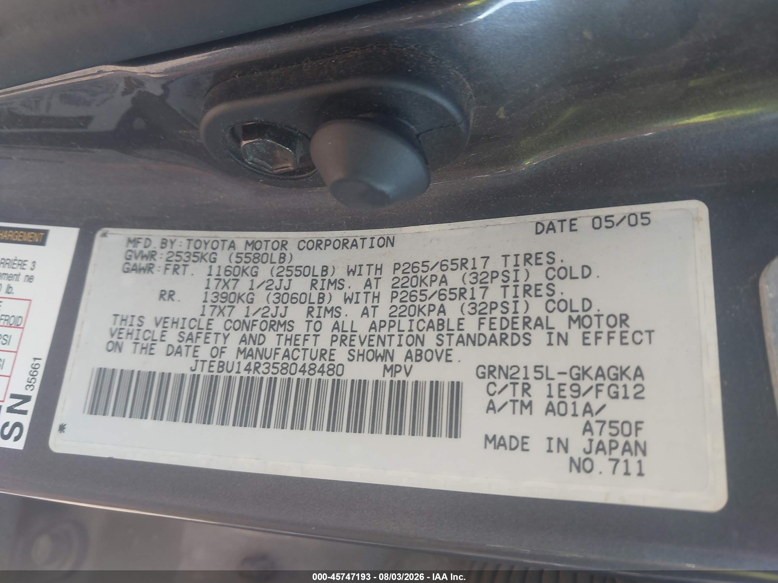 2005 Toyota 4runner Sr5 V6 Gray vin: JTEBU14R358048480