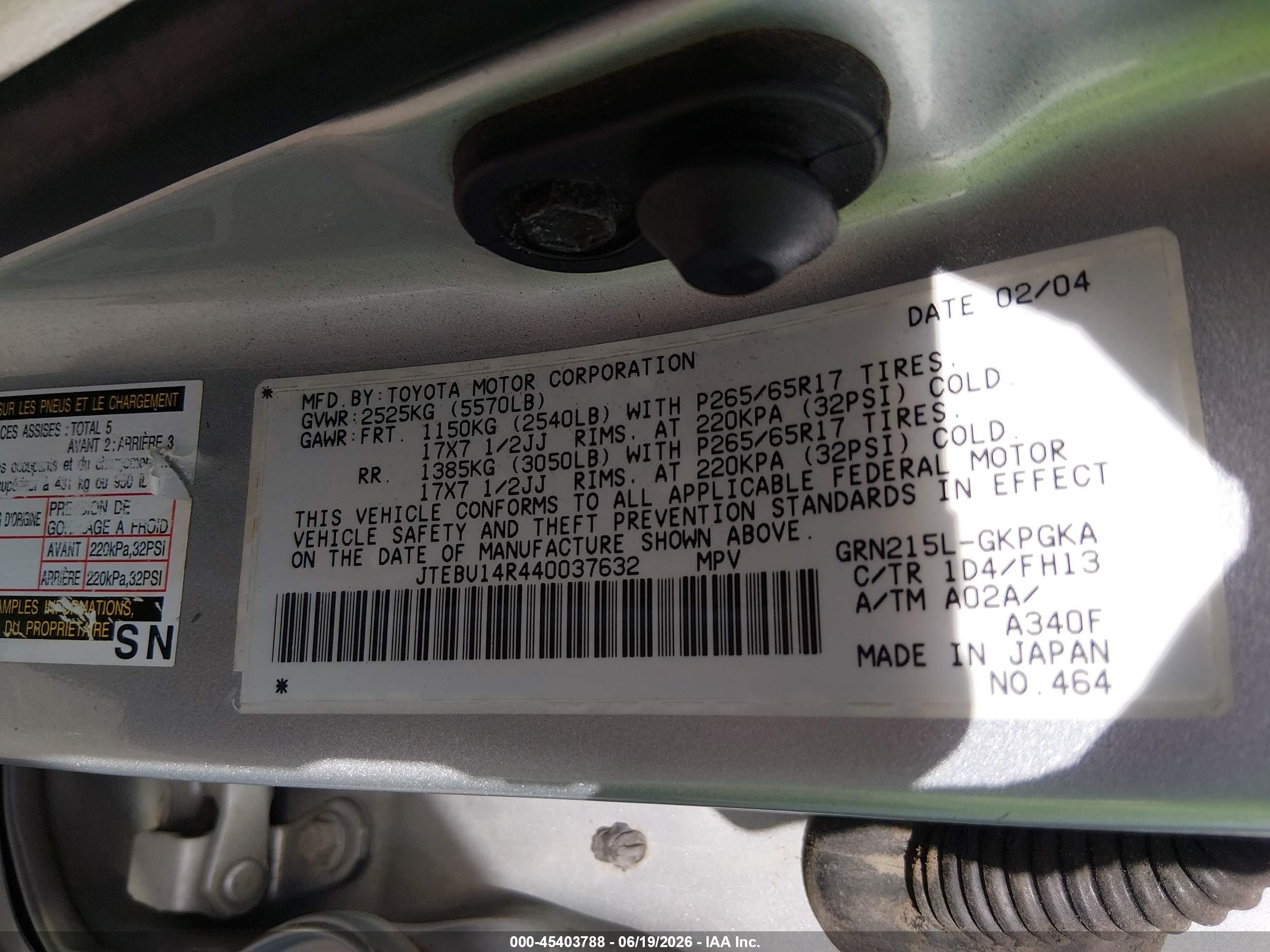 2004 Toyota 4runner Sr5 Sport V6 Gray vin: JTEBU14R440037632