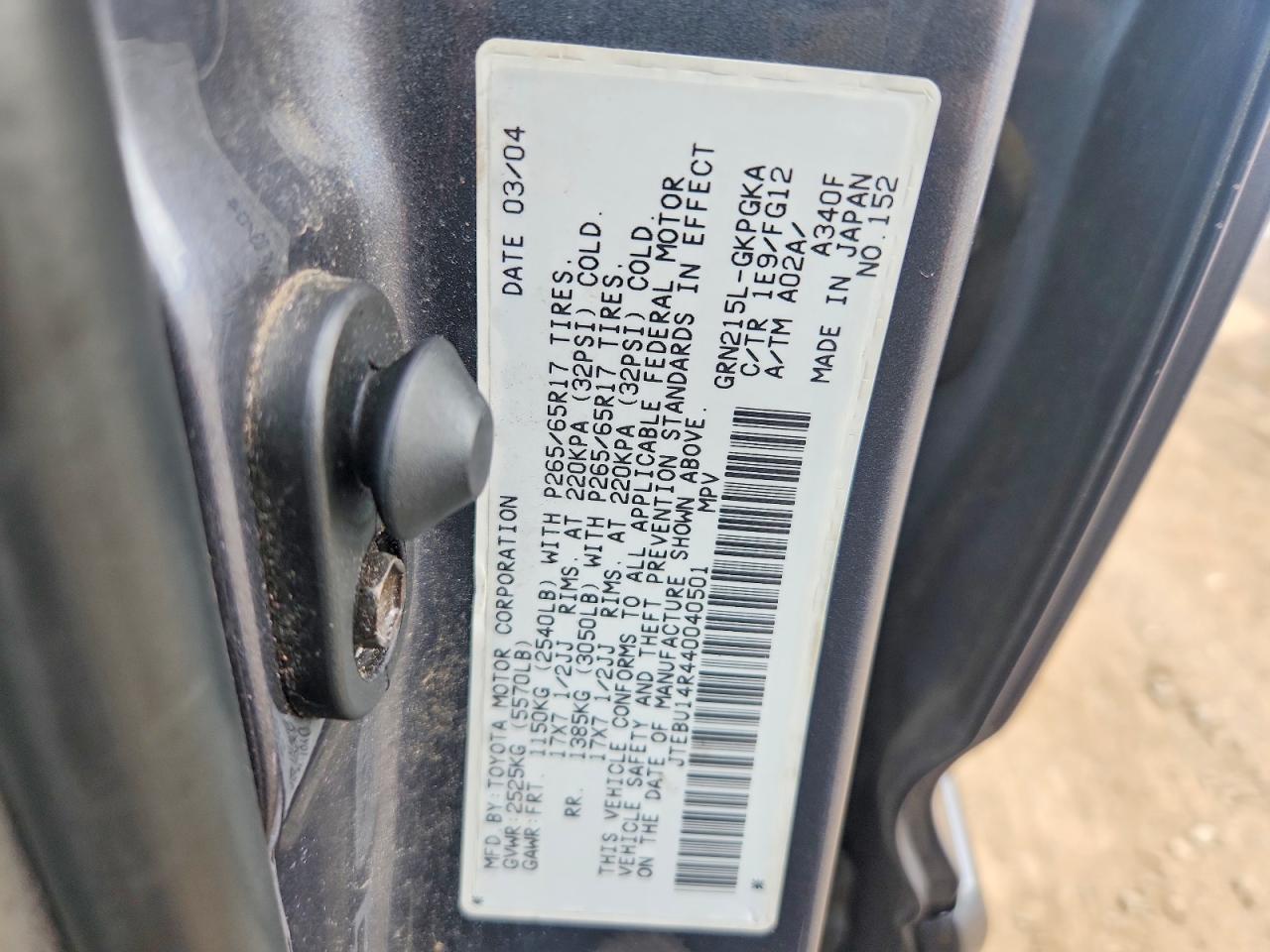 2004 Toyota 4runner Sr5 Gray vin: JTEBU14R440040501